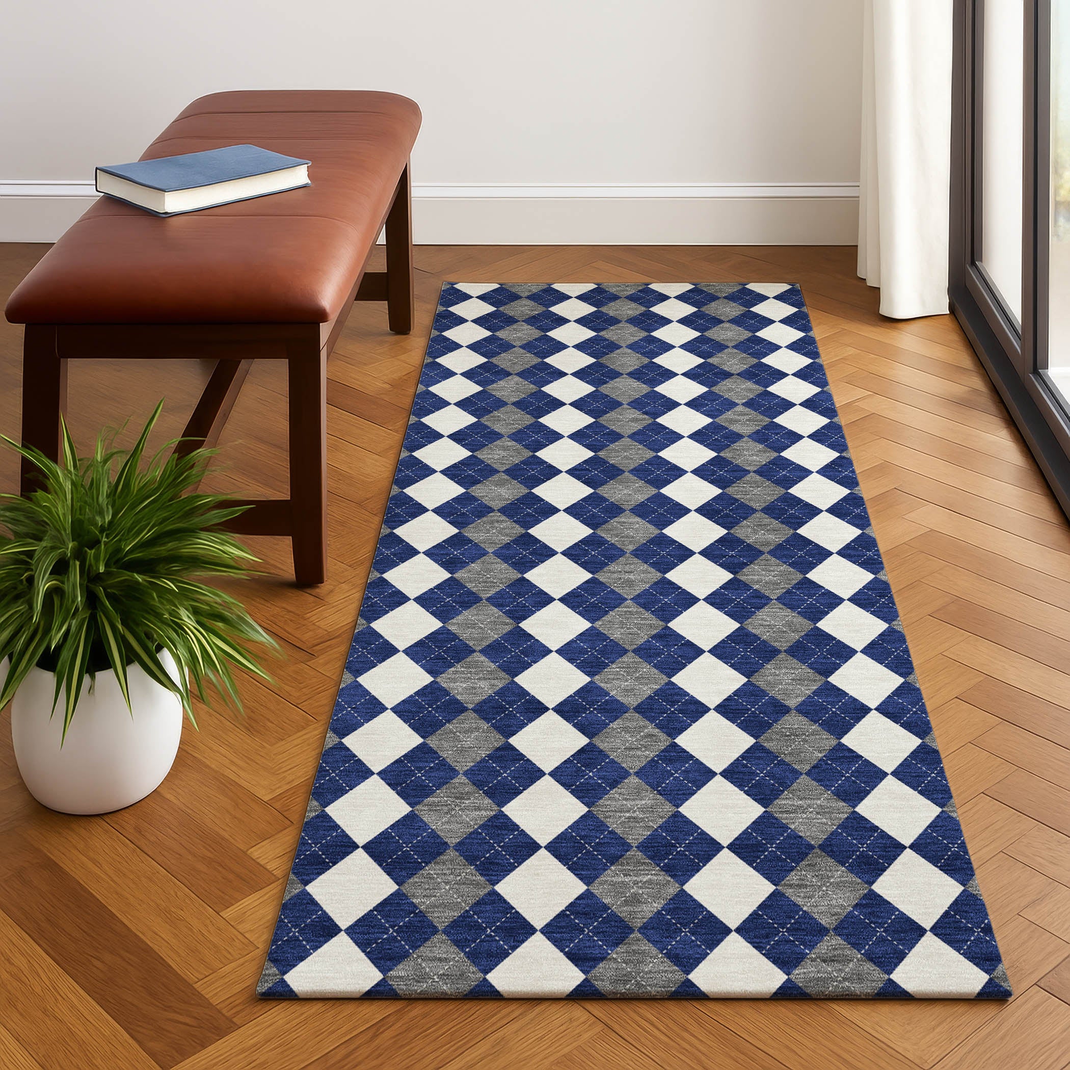 Sintra Machine Washable Transitional Navy Blue Rug 2'3" x 7'6" #shape_Runner