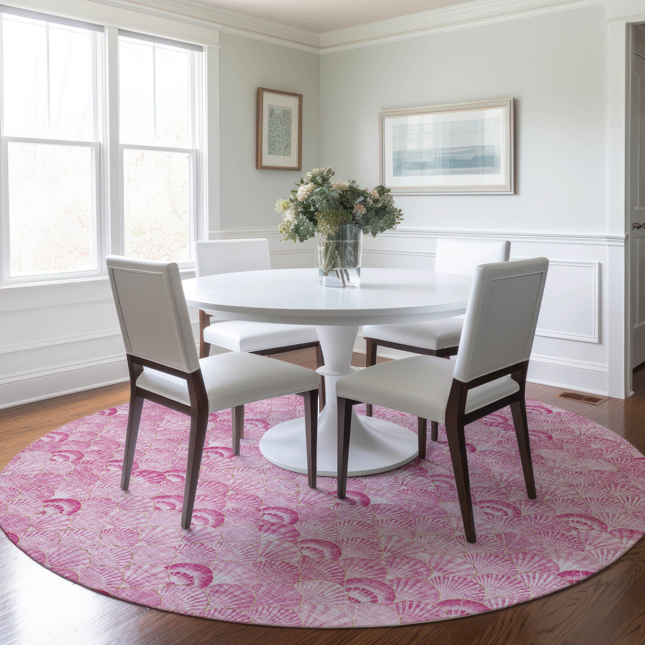 Bruges Machine Washable Coastal Pink Rug 8' x 8' #shape_Round