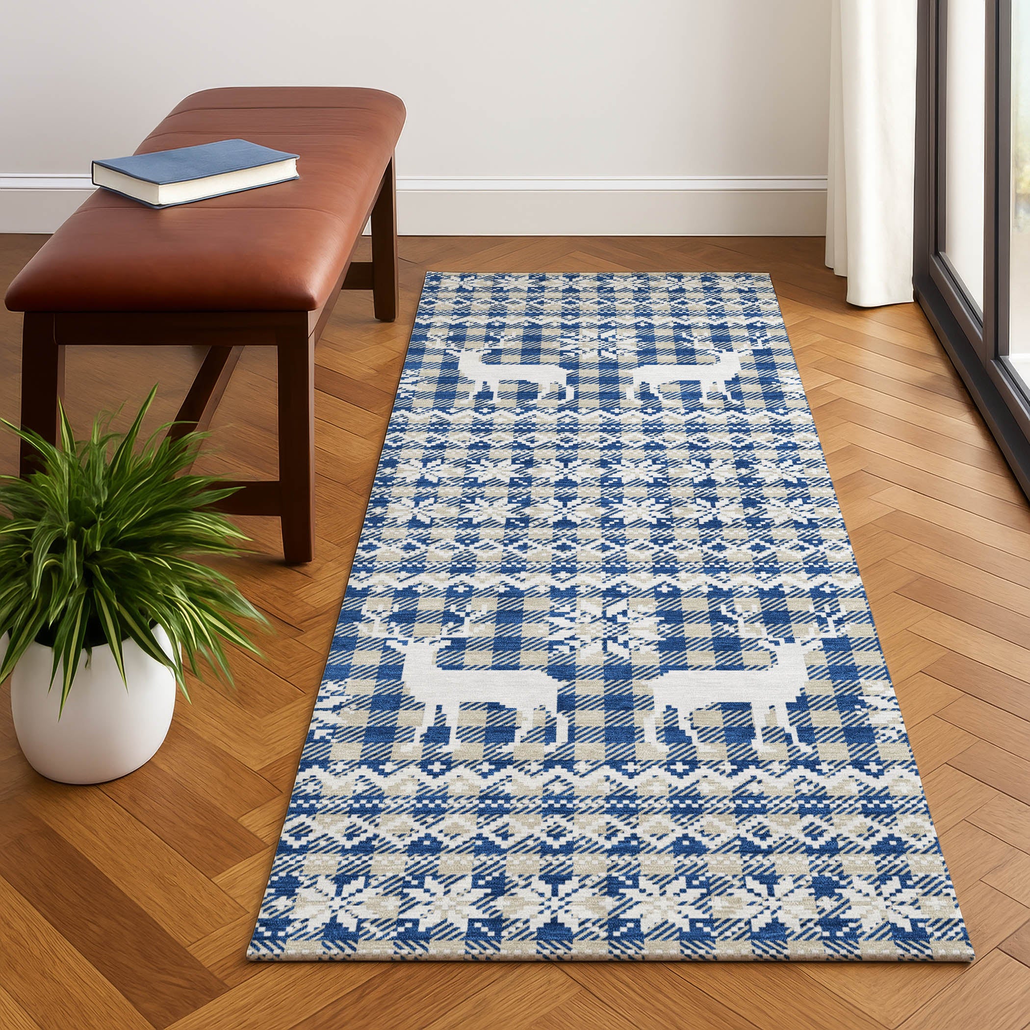 Baku Machine Washable Transitional Navy Blue Rug 2'3" x 7'6" #shape_Runner