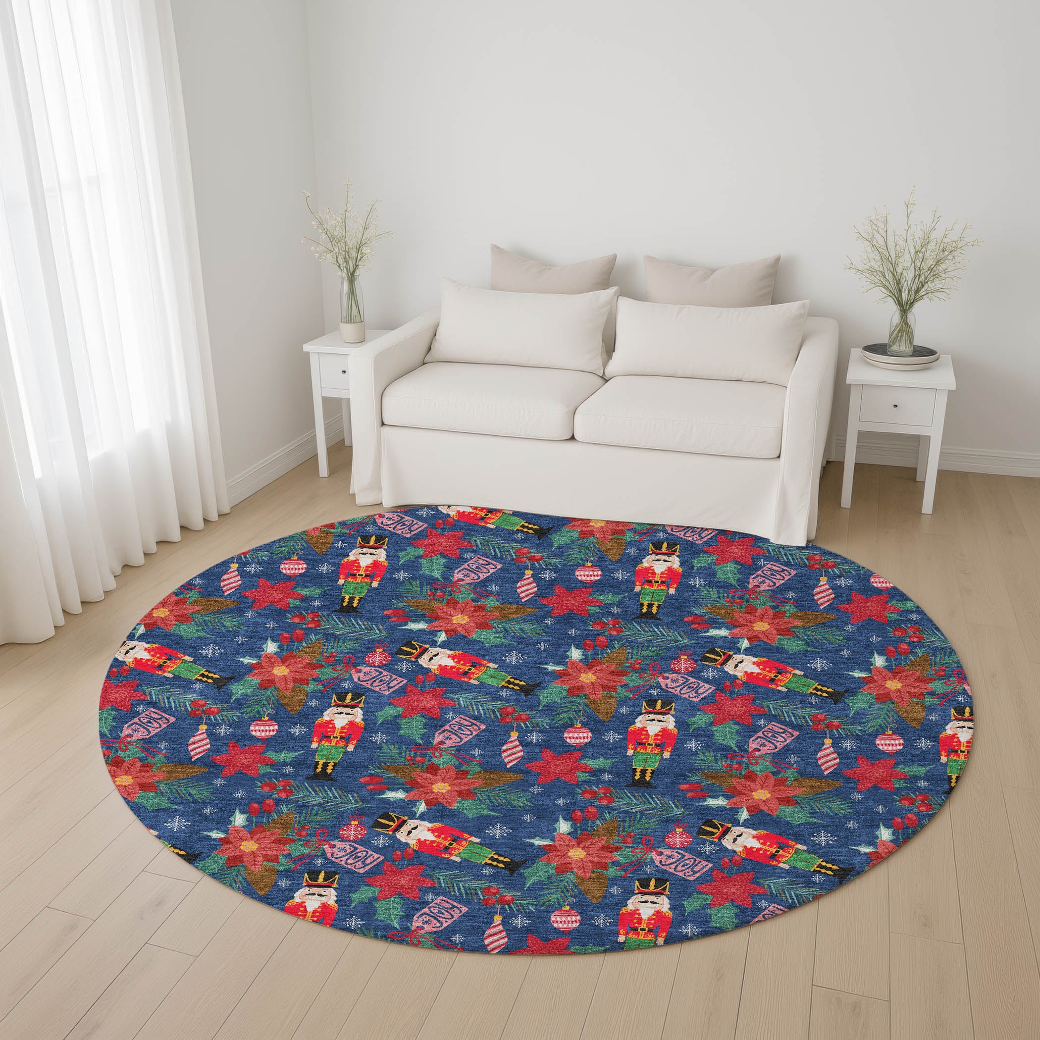 Mostar Machine Washable Transitional Navy Blue Rug 8' x 8' #shape_Round