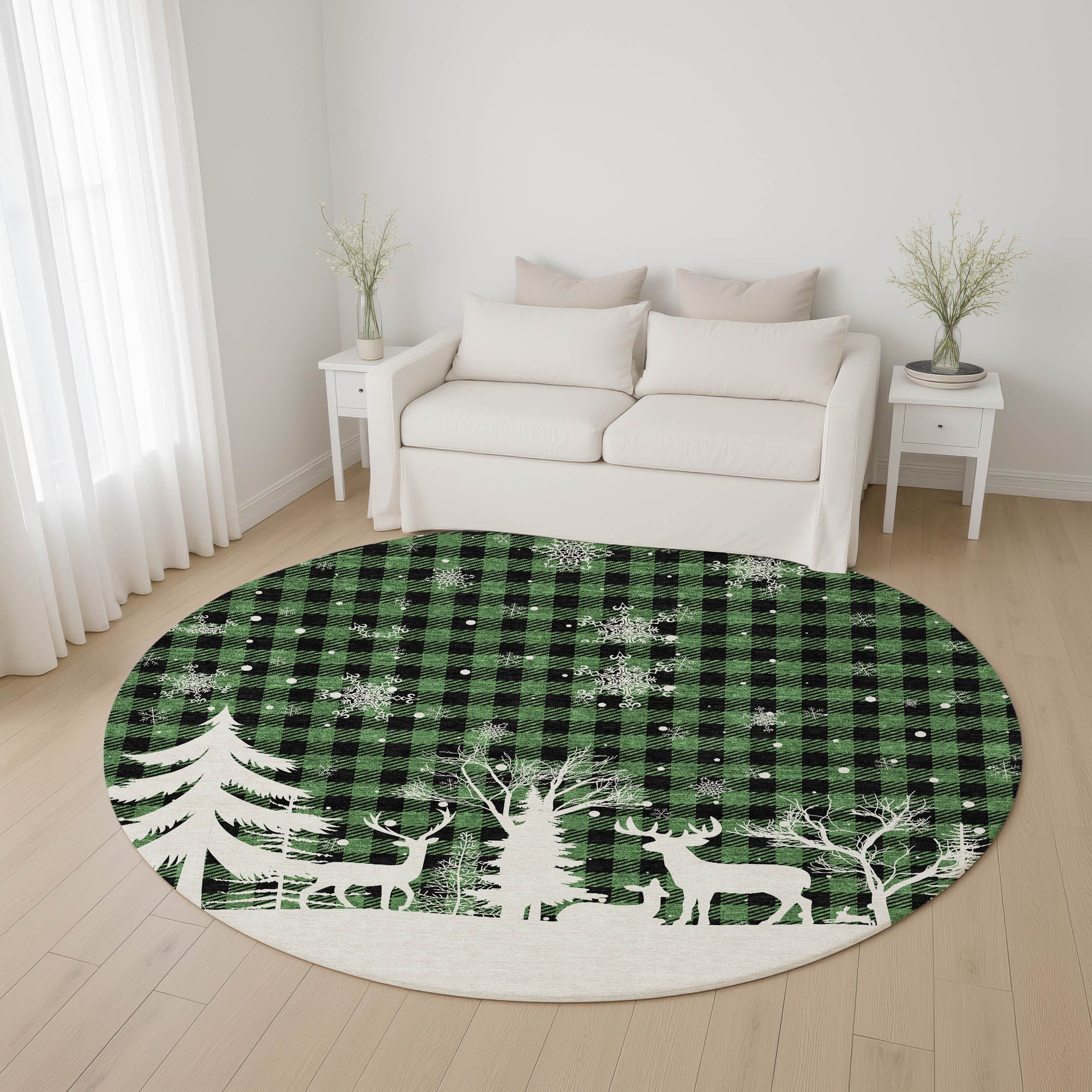 Budapest Machine Washable Transitional Green Rug 8' x 8' #shape_Round