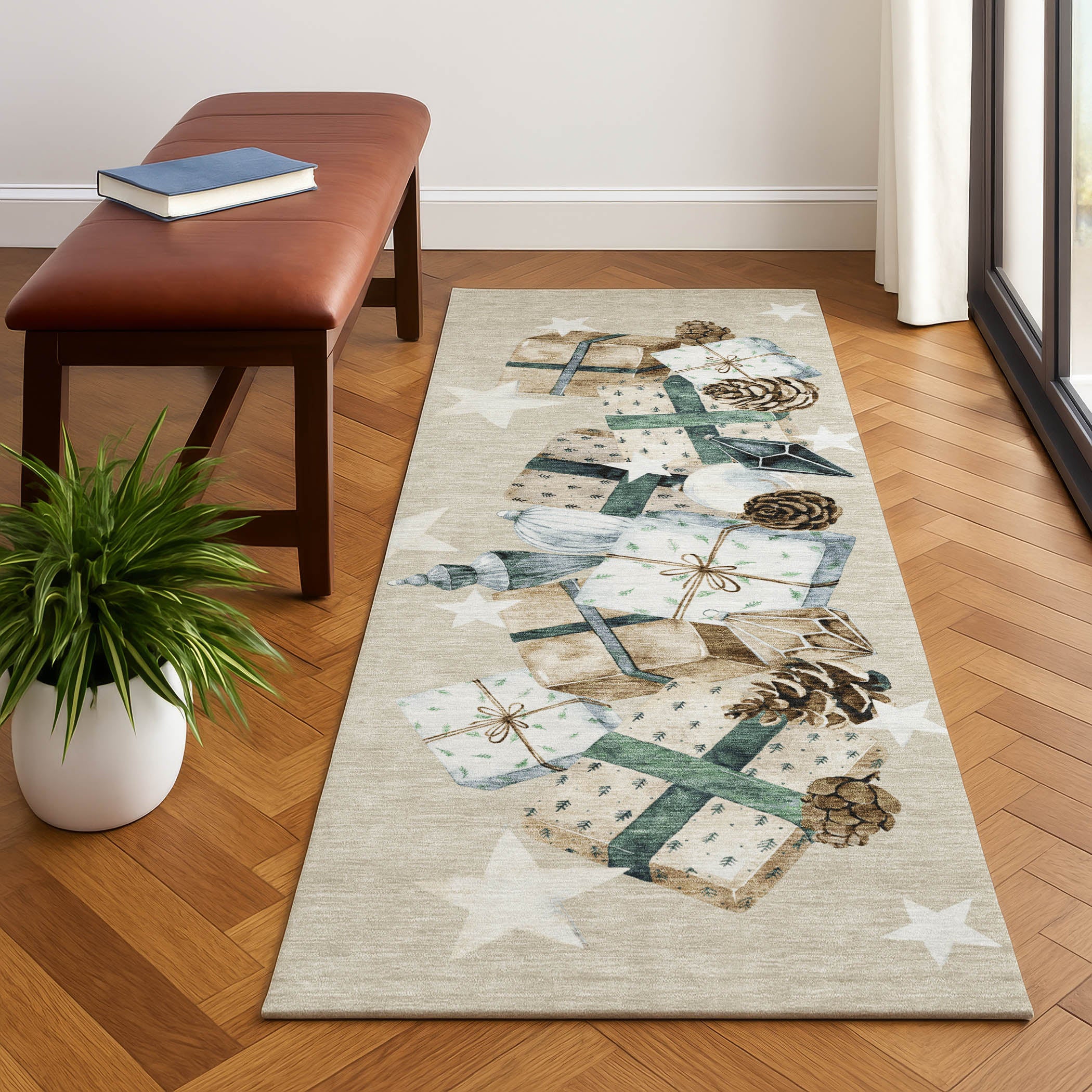 Oaxaca Machine Washable Transitional Beige Brown Rug 2'3" x 7'6" #shape_Runner