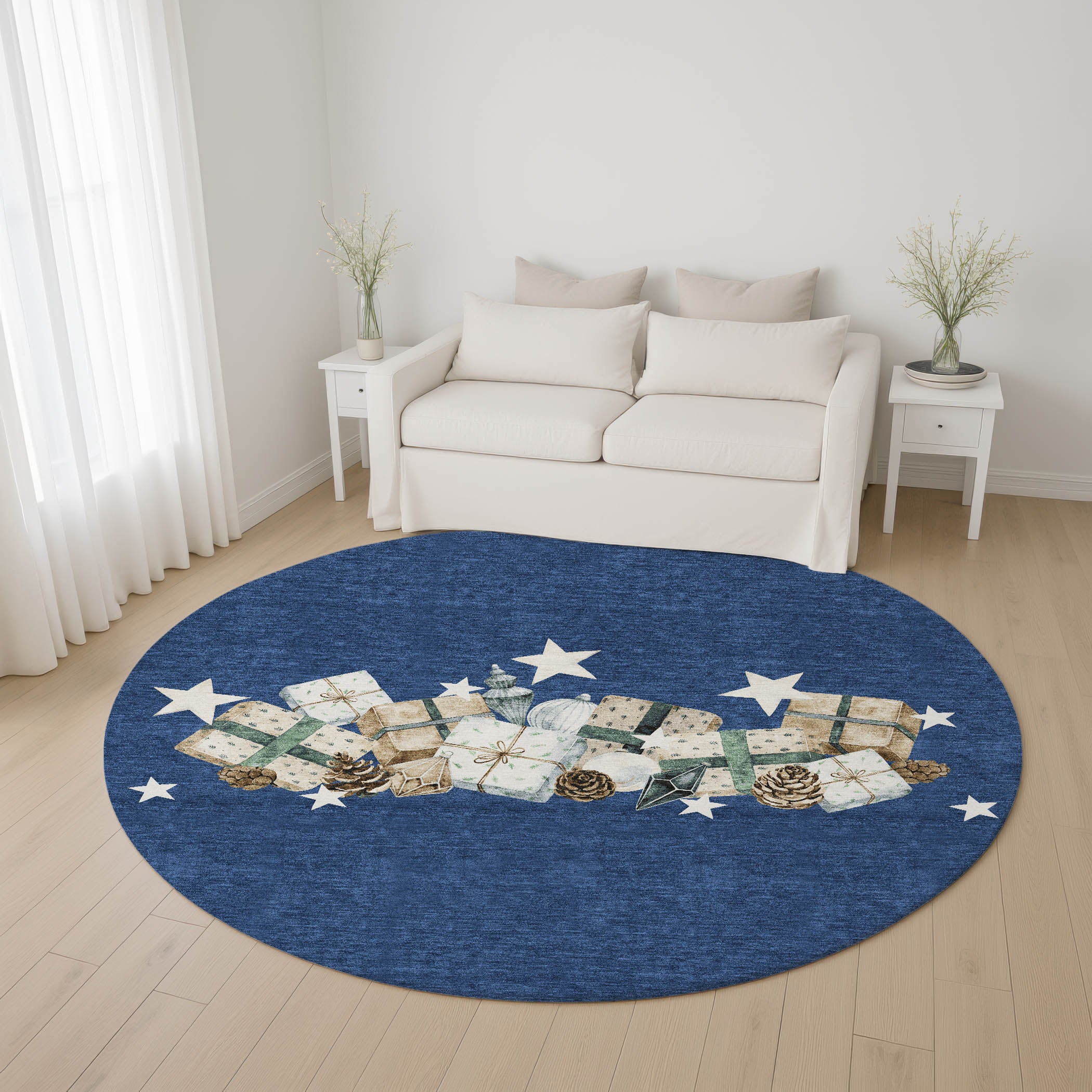 Oaxaca Machine Washable Transitional Navy Blue Rug 8' x 8' #shape_Round