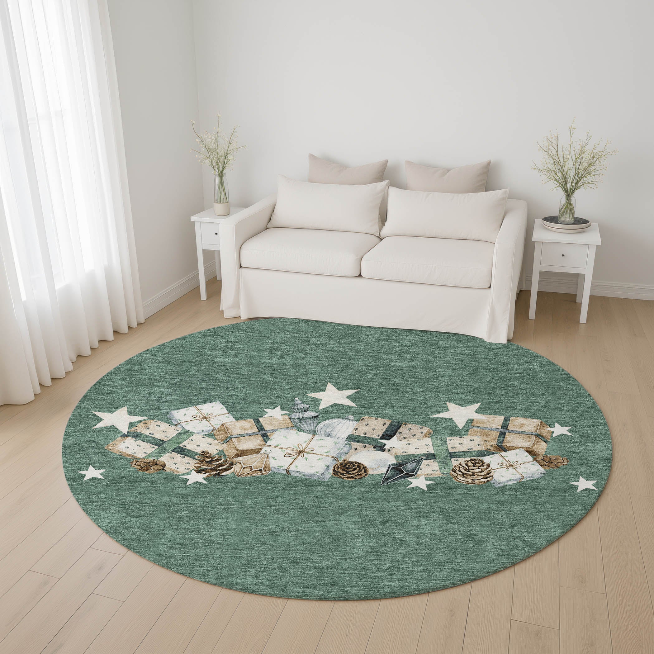 Oaxaca Machine Washable Transitional Seafoam Blue Rug 8' x 8' #shape_Round