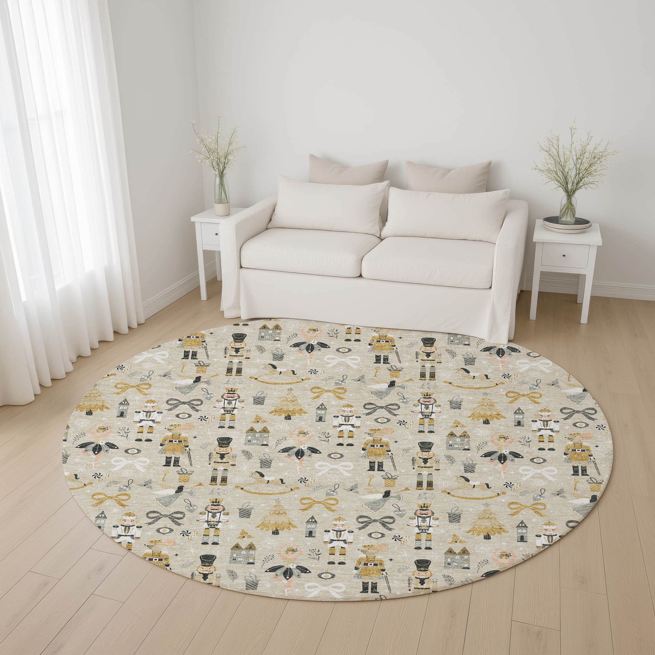 Antigua Machine Washable Transitional Beige Brown Rug 8' x 8' #shape_Round