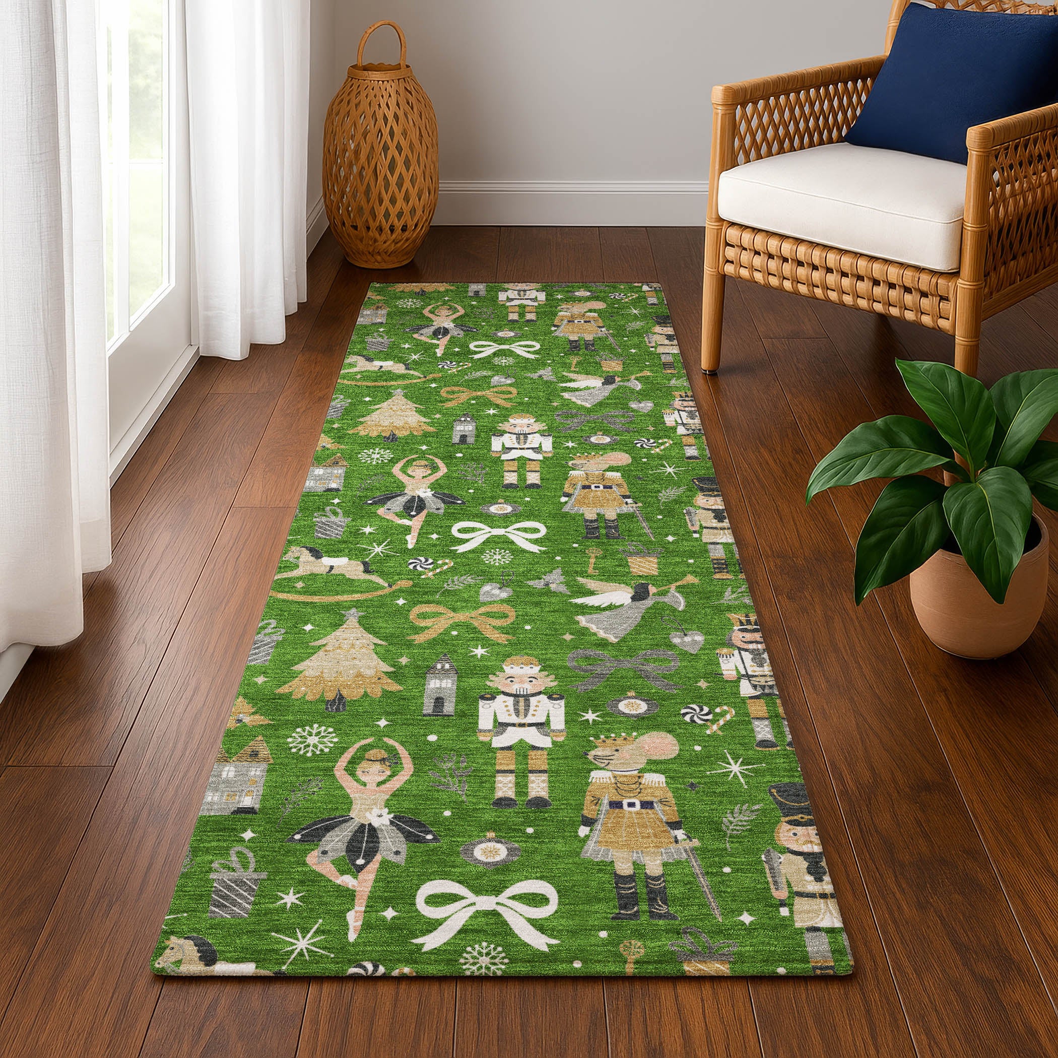 Antigua Machine Washable Transitional Green Rug 2'3" x 7'6" #shape_Runner