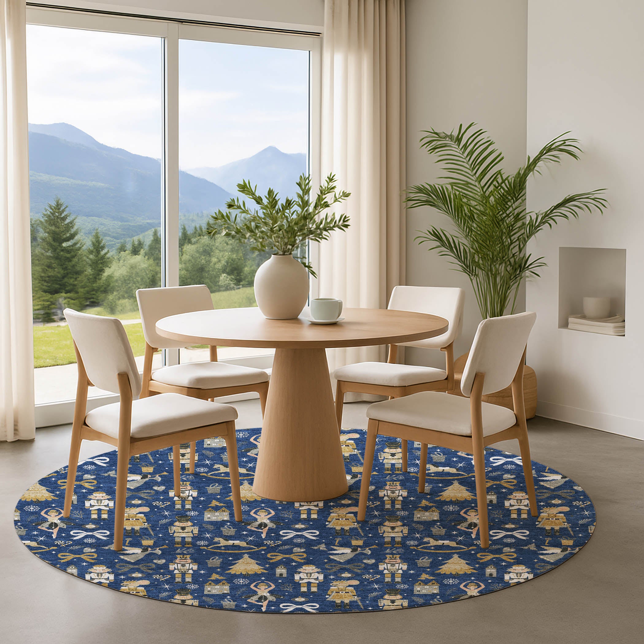 Antigua Machine Washable Transitional Navy Blue Rug 8' x 8' #shape_Round