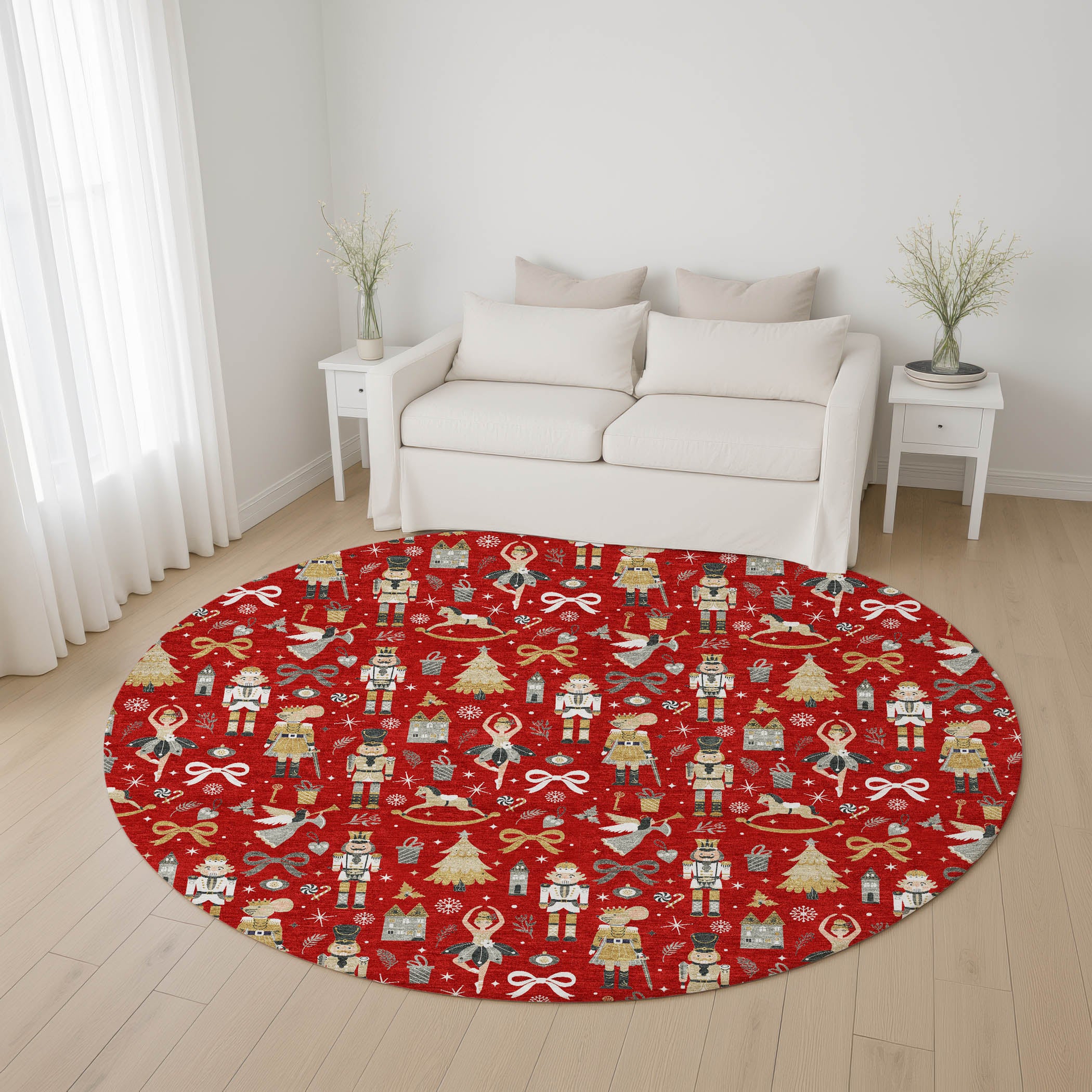 Antigua Machine Washable Transitional Red Rug 8' x 8' #shape_Round