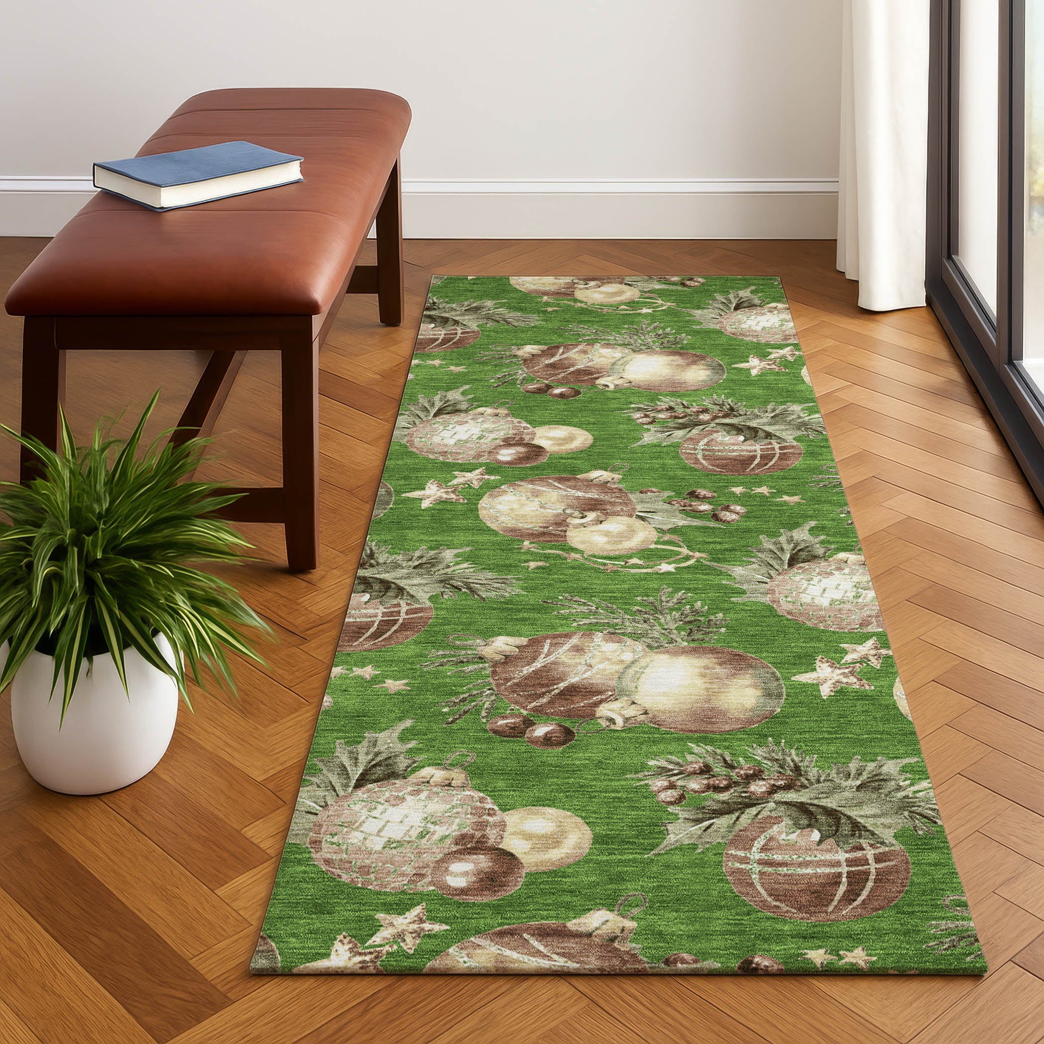Athens Machine Washable Transitional Green Rug 2'3" x 7'6" #shape_Runner