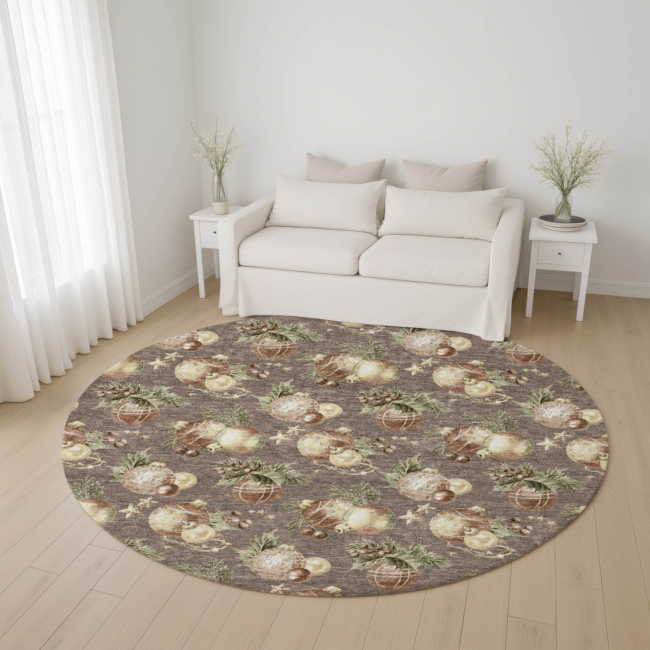 Athens Machine Washable Transitional Taupe Brown Rug 8' x 8' #shape_Round