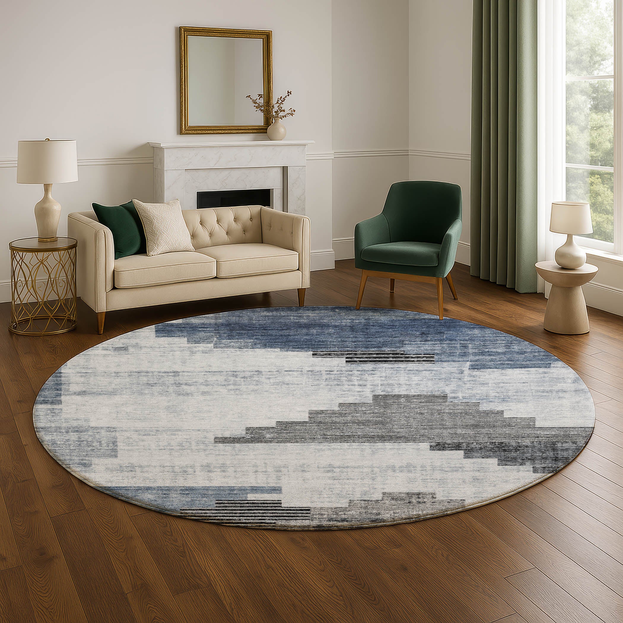 Havana Machine Washable Transitional Blue Rug 8' x 8' #shape_Round