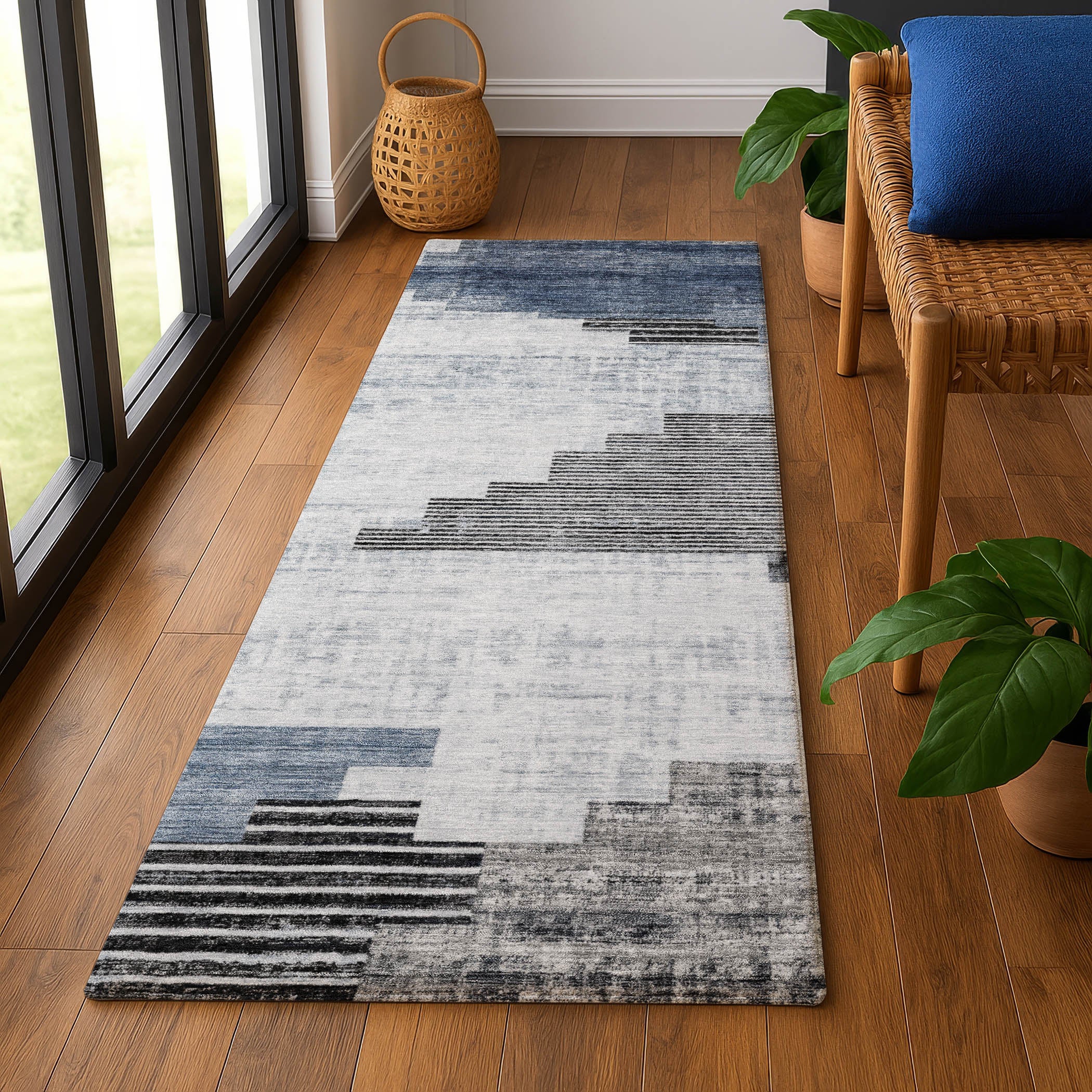 Havana Machine Washable Transitional Blue Rug 2'3" x 7'6" #shape_Runner