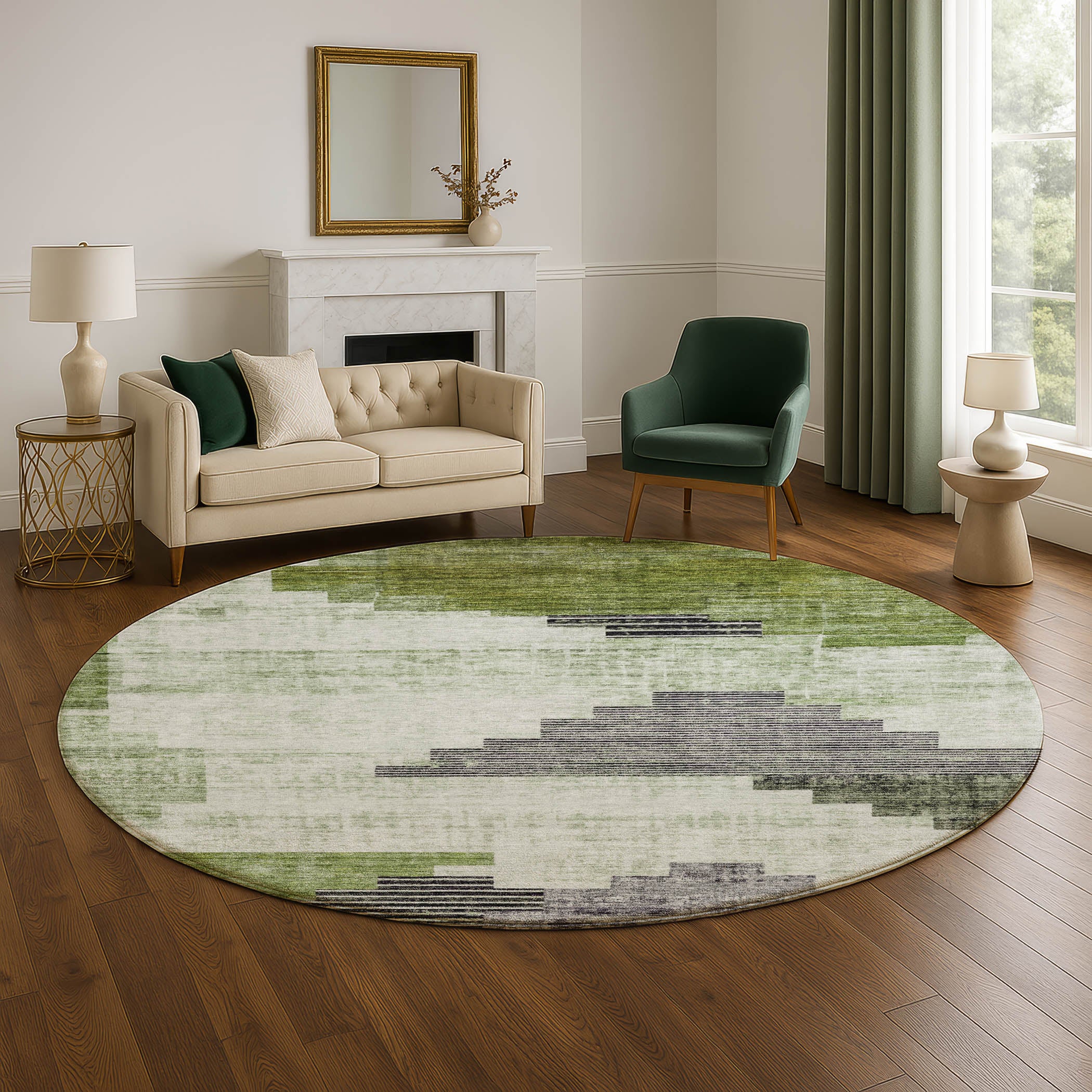 Havana Machine Washable Transitional Fern Green Rug 8' x 8' #shape_Round