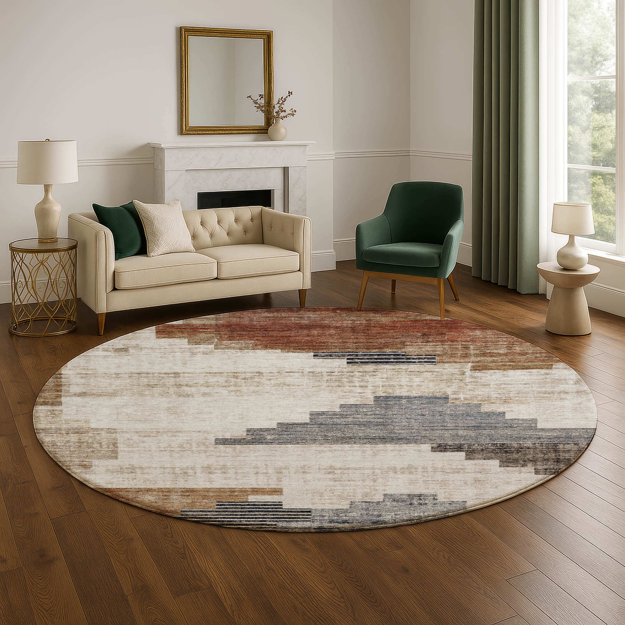 Havana Machine Washable Transitional Paprika Orange Rug 8' x 8' #shape_Round