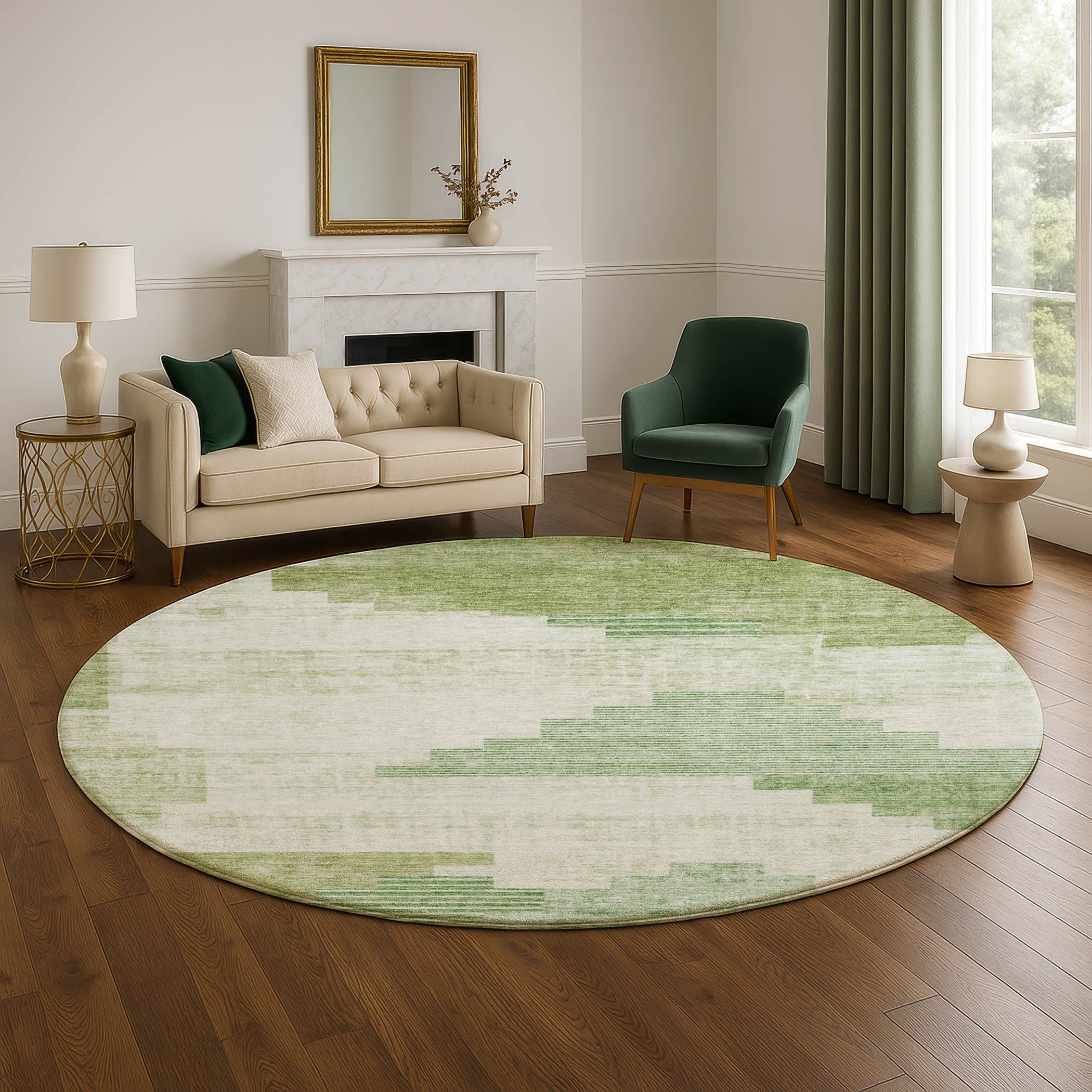 Havana Machine Washable Transitional Sage Green Rug 8' x 8' #shape_Round