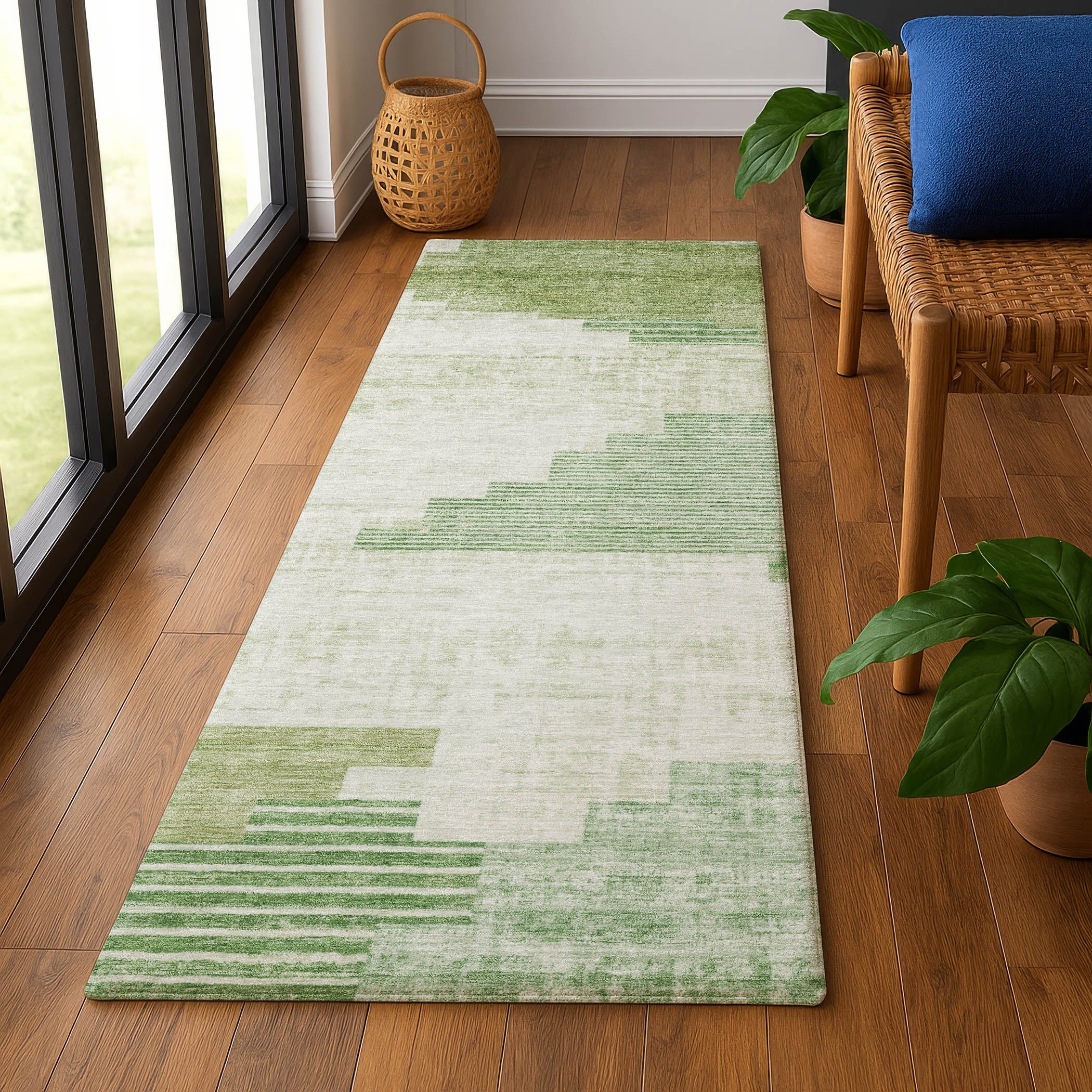 Havana Machine Washable Transitional Sage Green Rug 2'3" x 7'6" #shape_Runner
