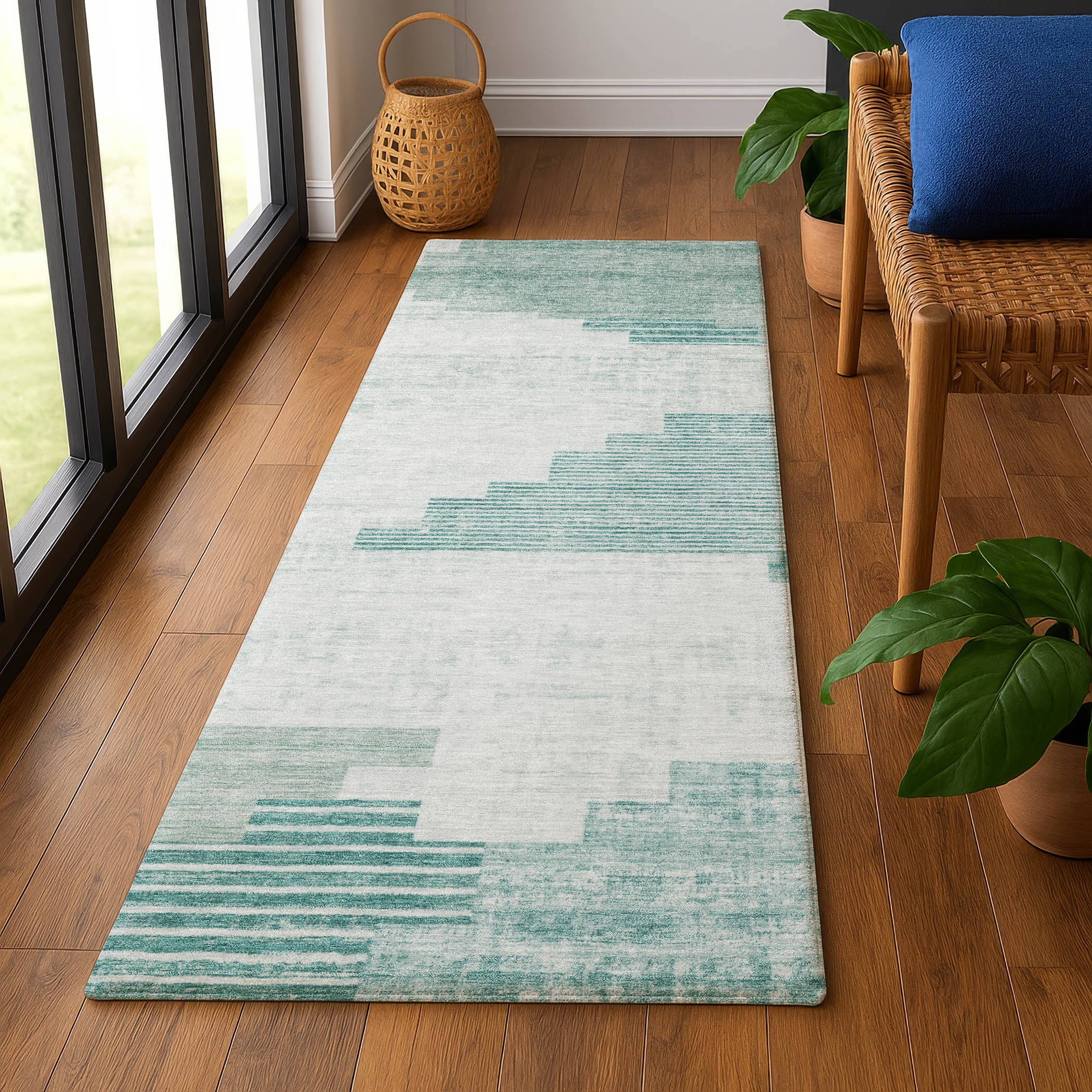 Havana Machine Washable Transitional Teal Rug 2'3" x 7'6" #shape_Runner