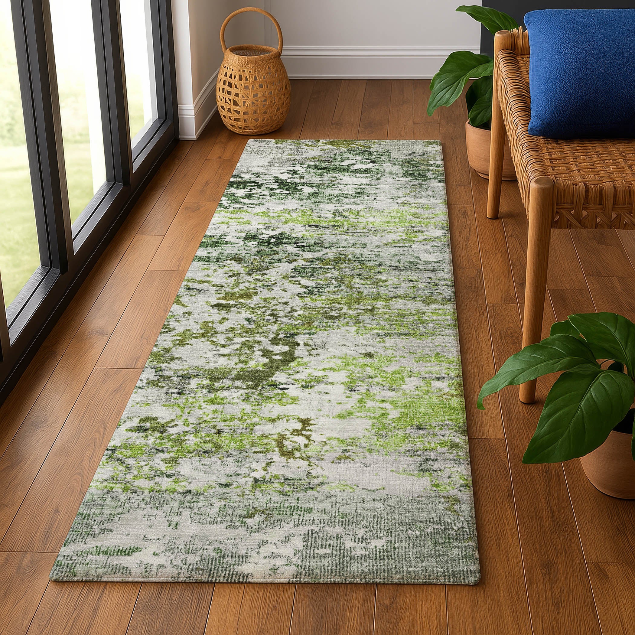 Tbilisi Machine Washable Transitional Aloe Green Rug 2'3" x 7'6" #shape_Runner