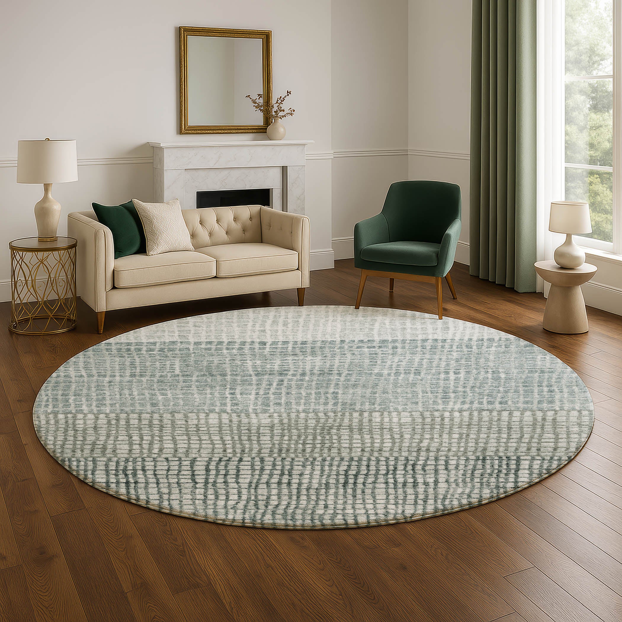 Seville Machine Washable Transitional Aqua Teal Rug 8' x 8' #shape_Round