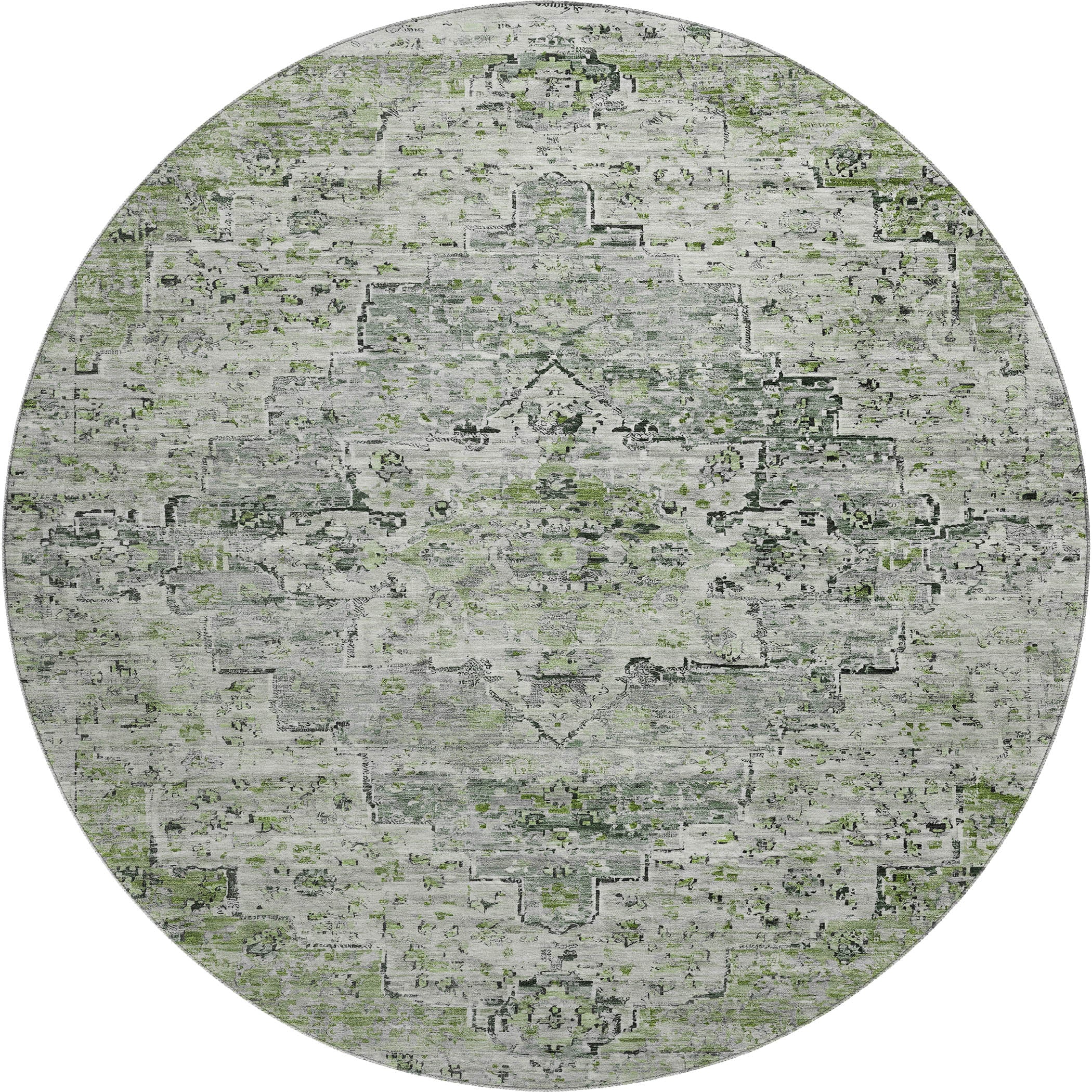 Havana Machine Washable Traditional Aloe Green Rug 8' x 8' #shape_Round