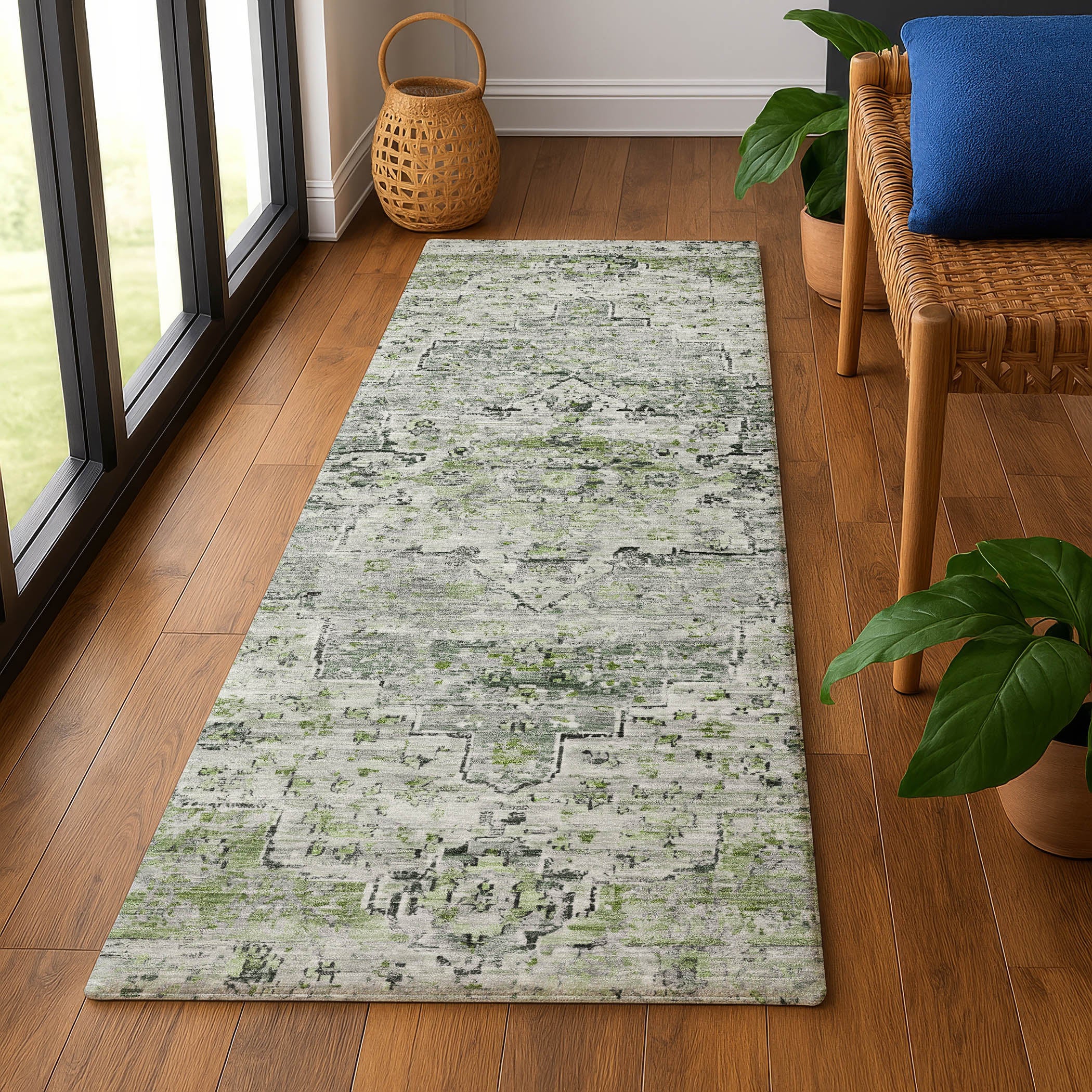 Havana Machine Washable Traditional Aloe Green Rug 2'3" x 7'6" #shape_Runner