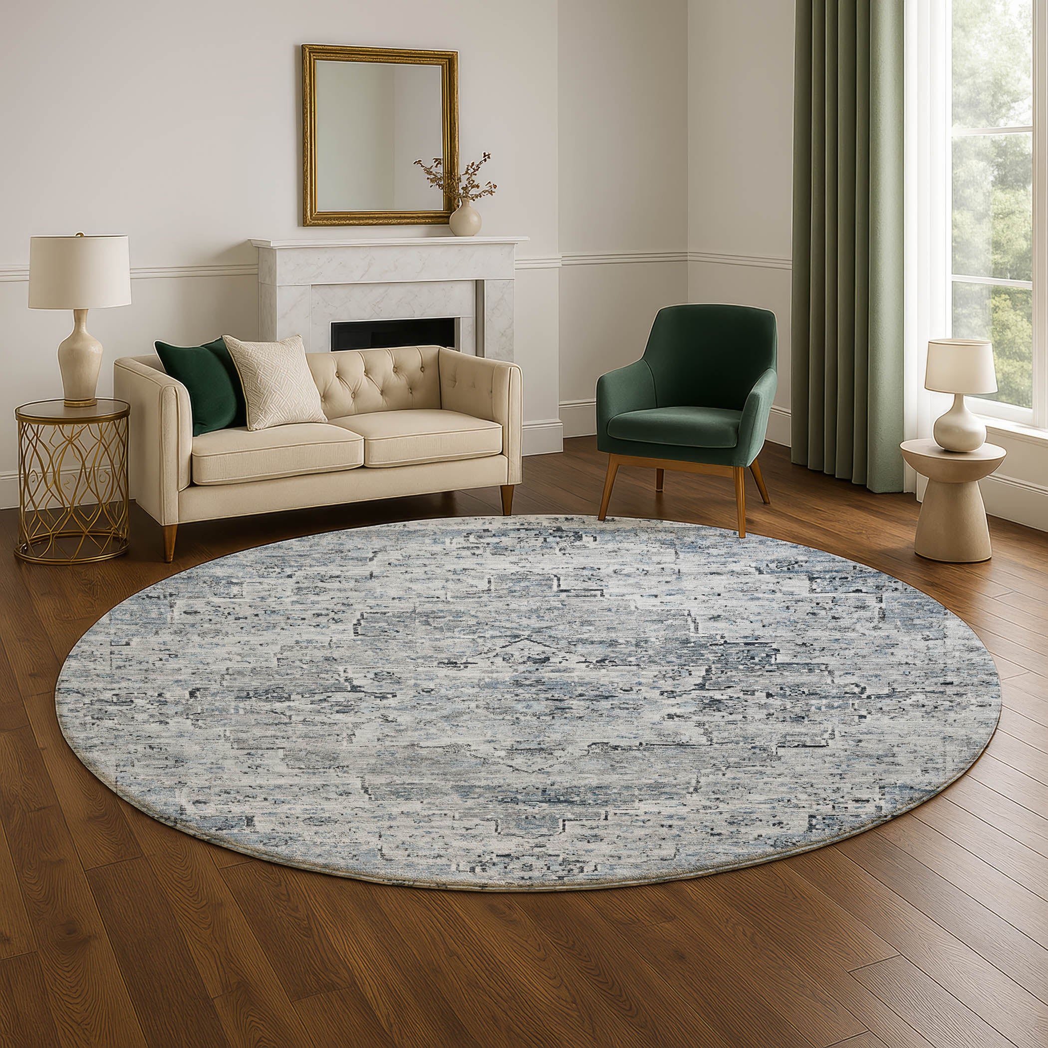 Havana Machine Washable Traditional Sky Blue Rug 8' x 8' #shape_Round