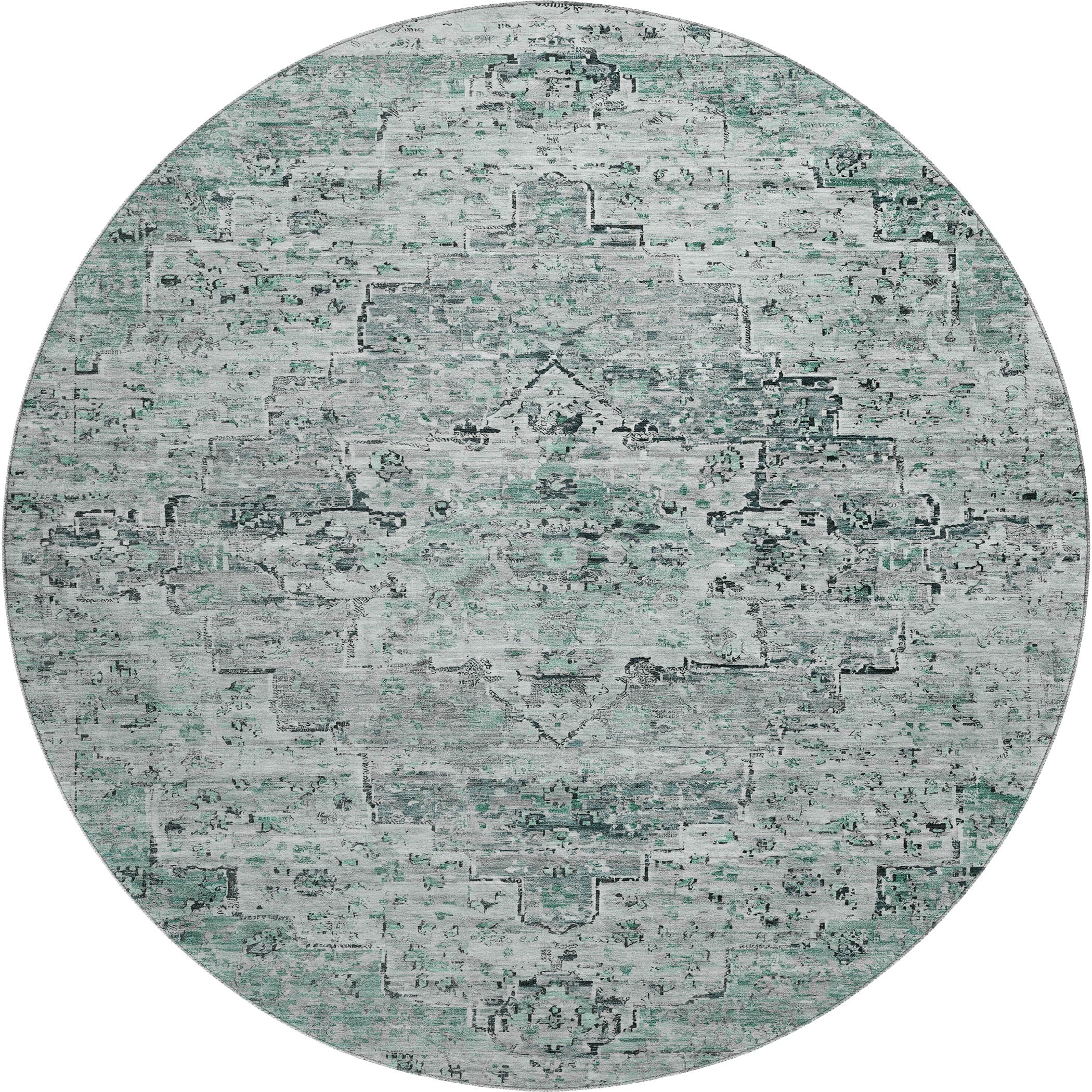 Havana Machine Washable Traditional Teal Rug 8' x 8' #shape_Round