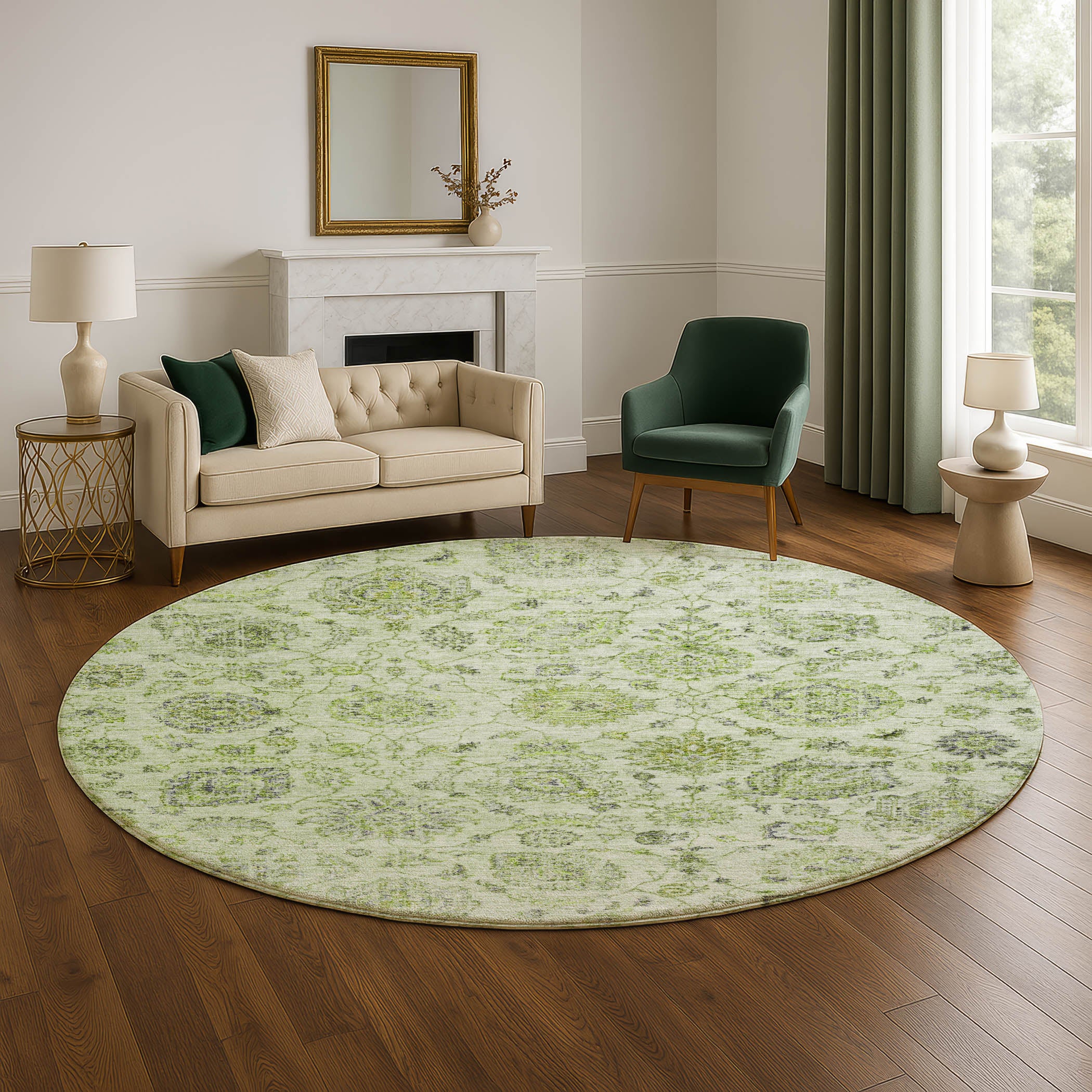 Oslo Machine Washable Transitional Aloe Green Rug 8' x 8' #shape_Round