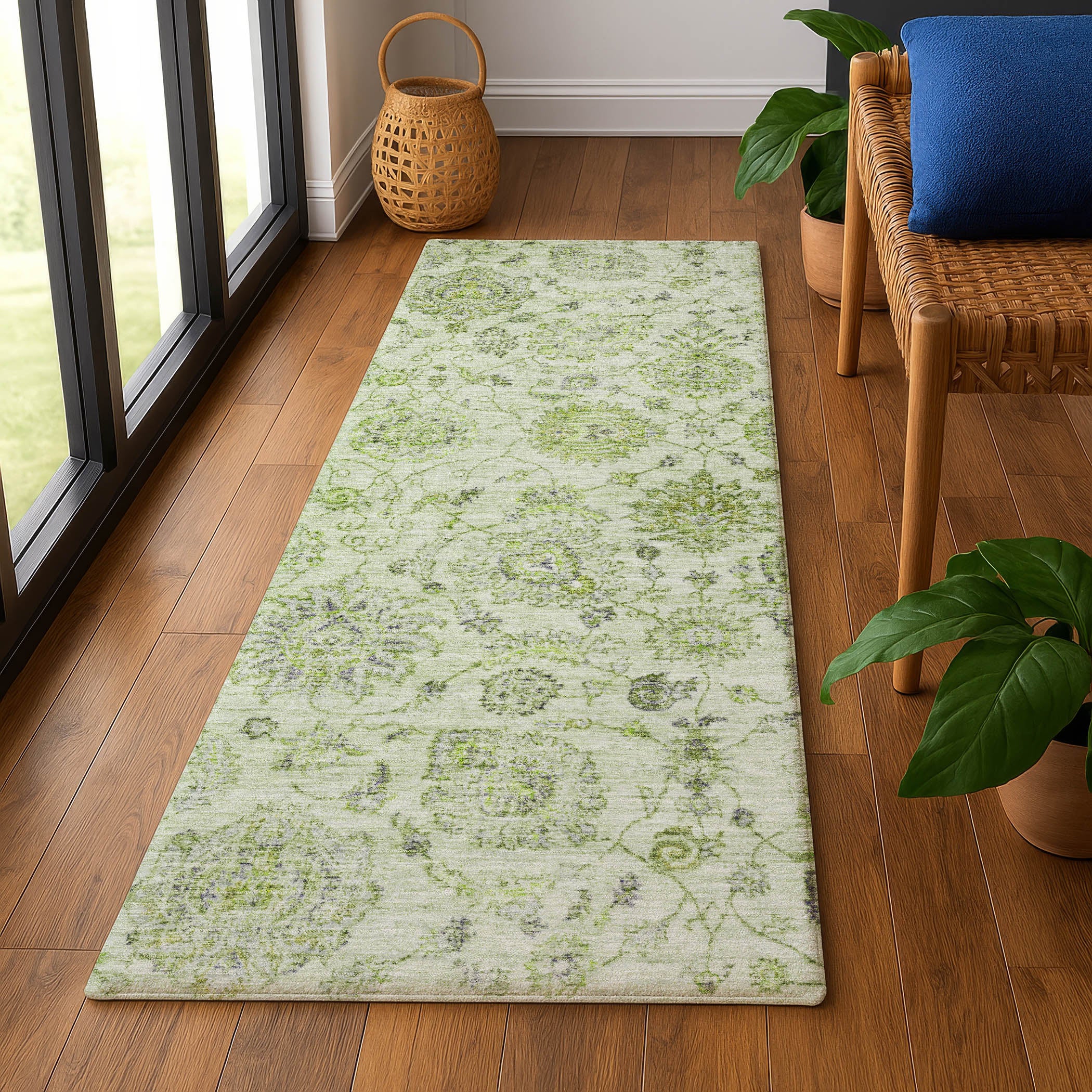 Oslo Machine Washable Transitional Aloe Green Rug 2'3" x 7'6" #shape_Runner