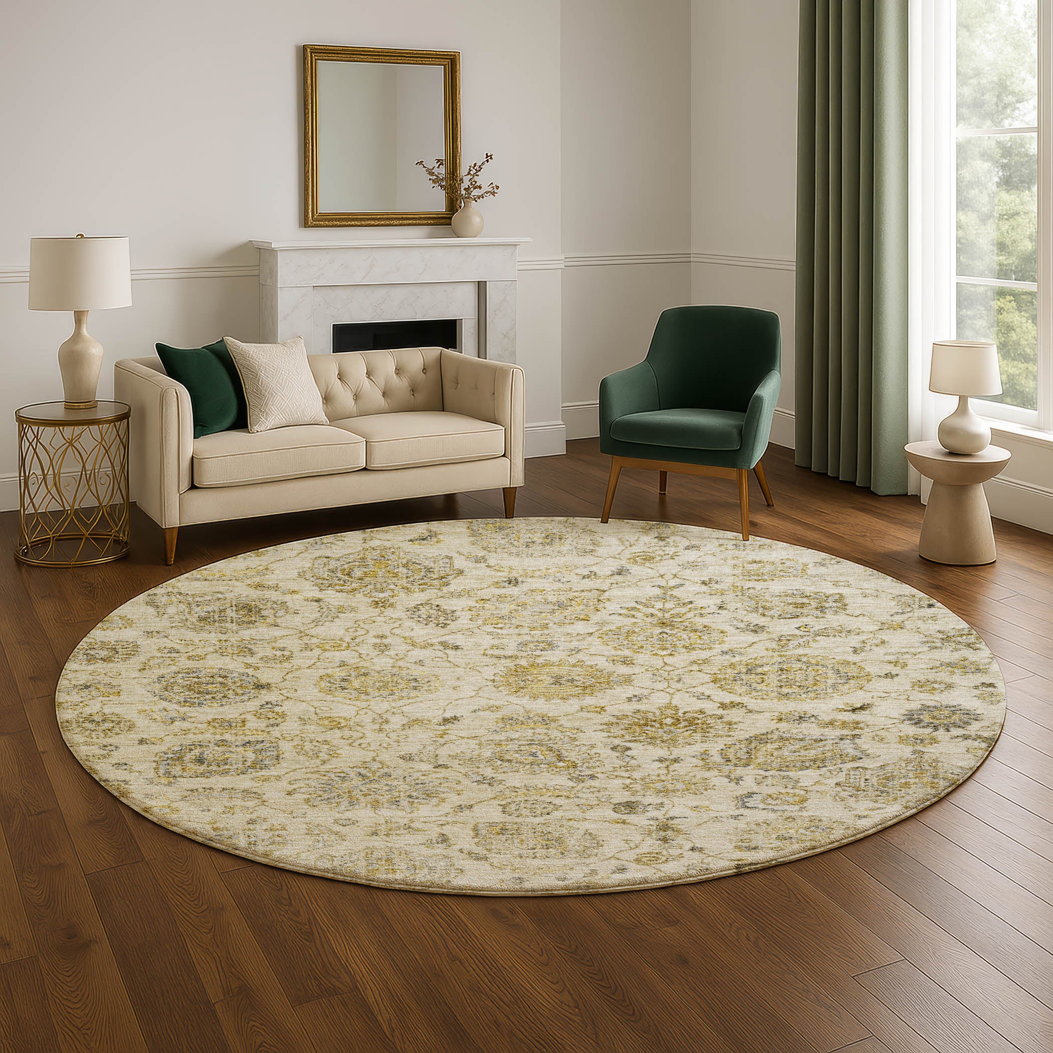 Oslo Machine Washable Transitional Beige Brown Rug 8' x 8' #shape_Round