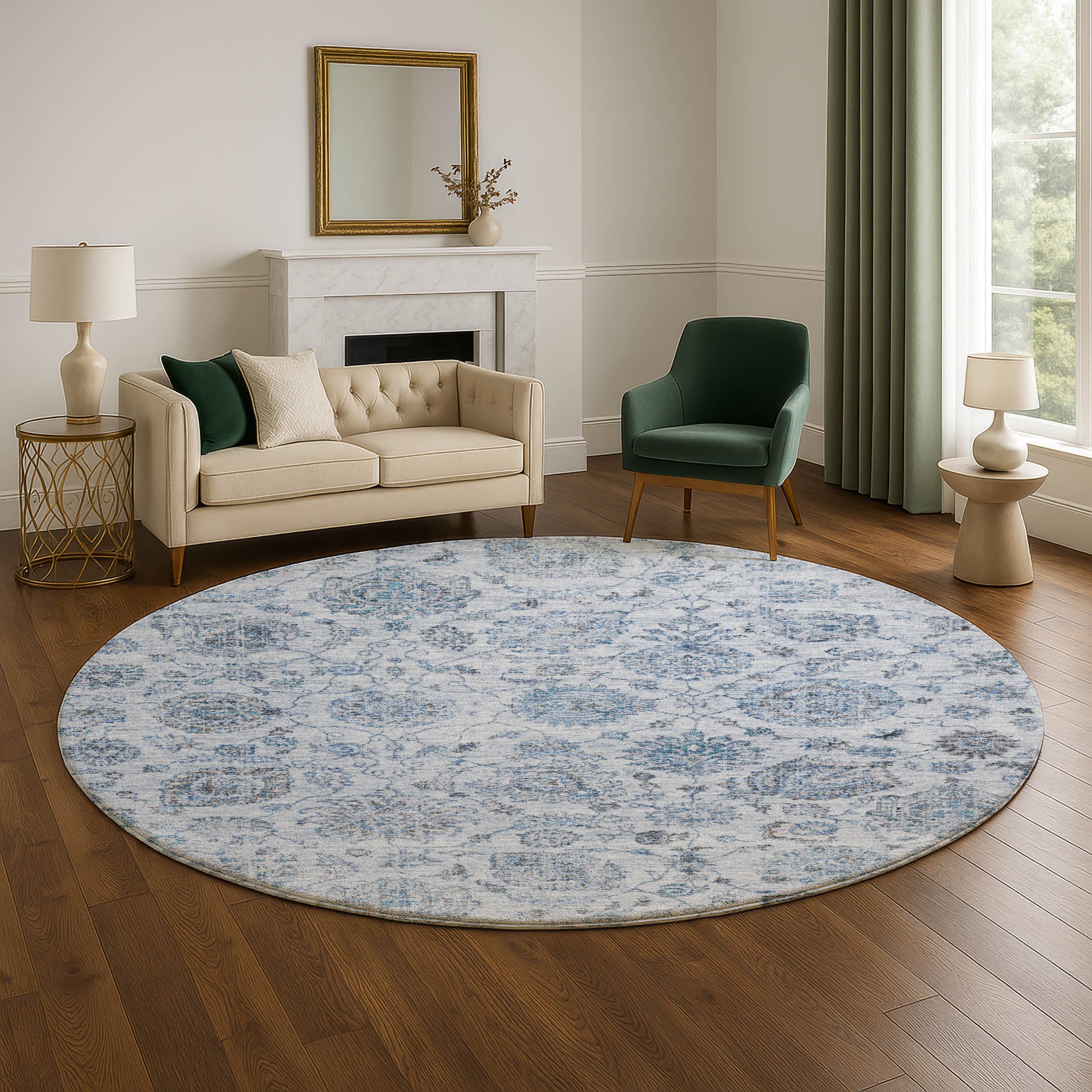 Oslo Machine Washable Transitional Blue Rug 8' x 8' #shape_Round
