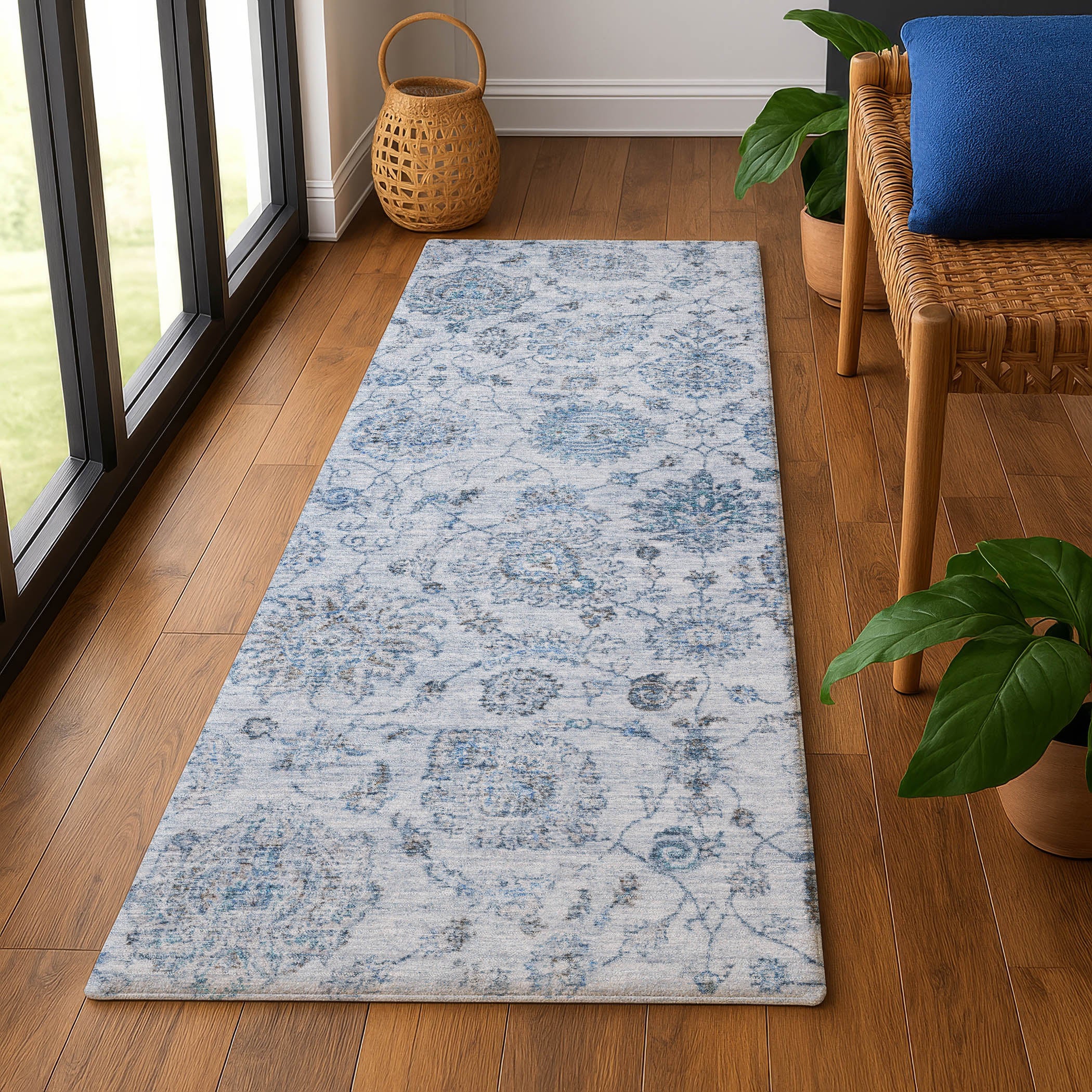 Oslo Machine Washable Transitional Blue Rug 2'3" x 7'6" #shape_Runner