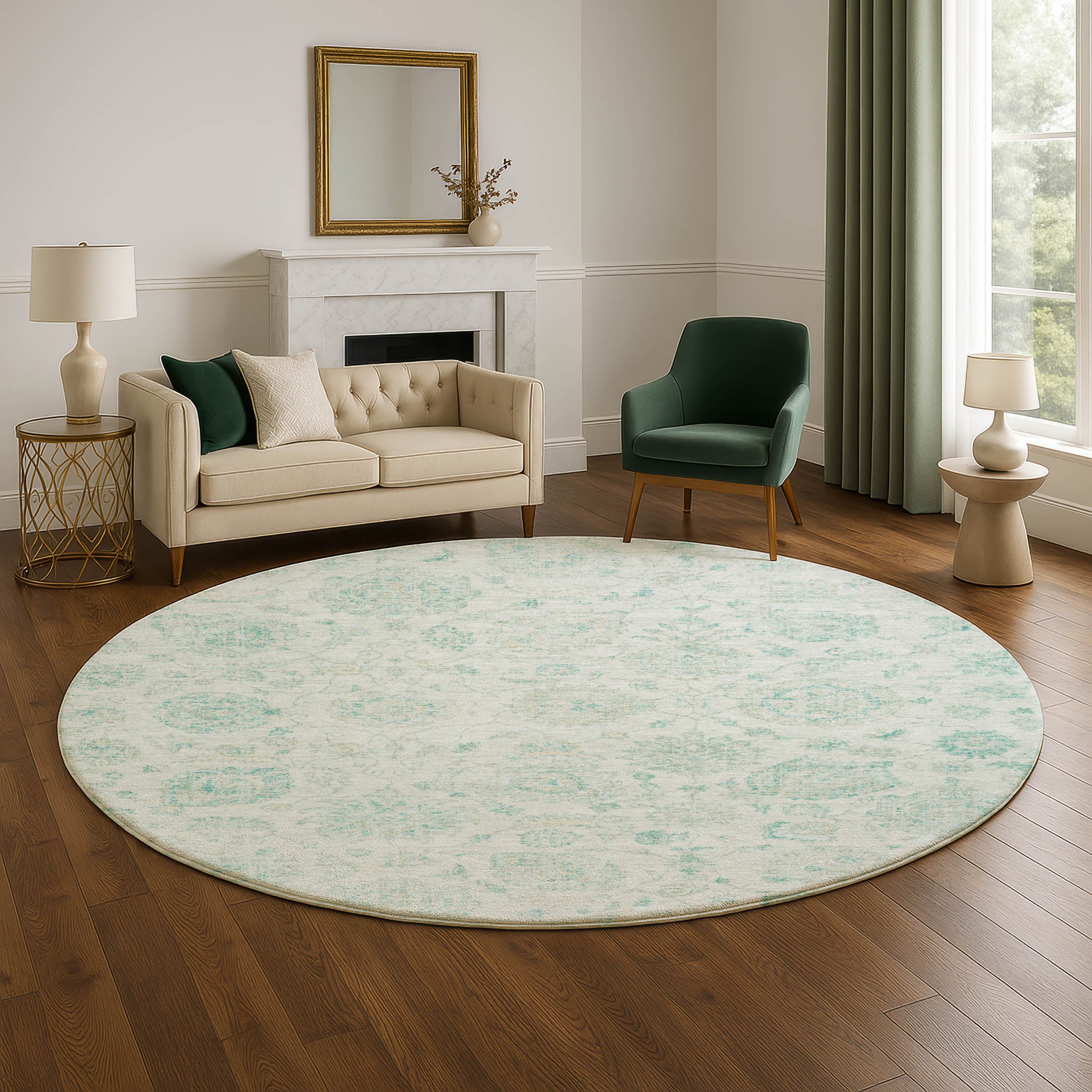 Oslo Machine Washable Transitional Turquoise Teal Rug 8' x 8' #shape_Round