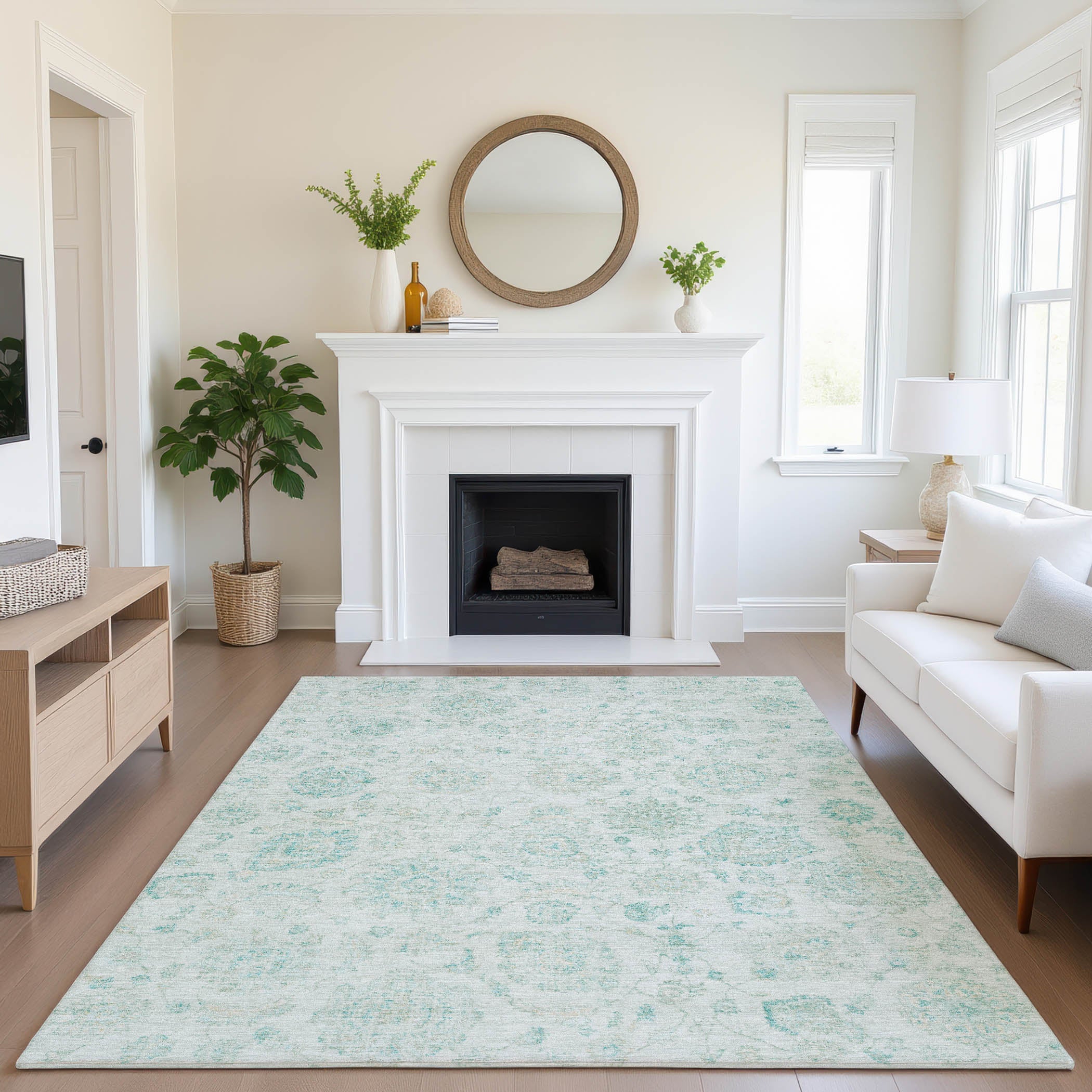 Oslo Machine Washable Transitional Turquoise Teal Rug 2'6" x 3'10" #shape_Rectangle