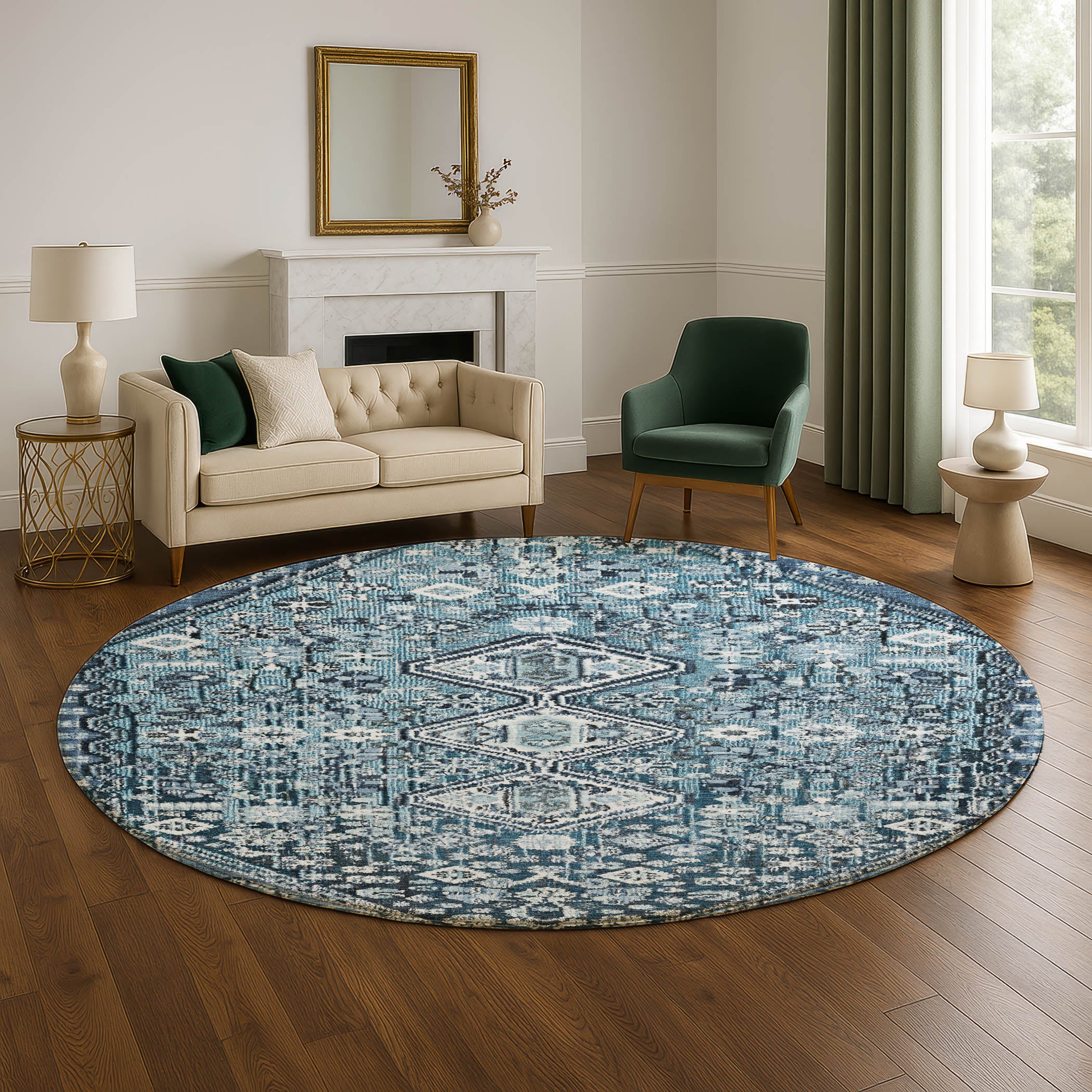Chiang Mai Machine Washable Transitional Blue Rug 8' x 8' #shape_Round