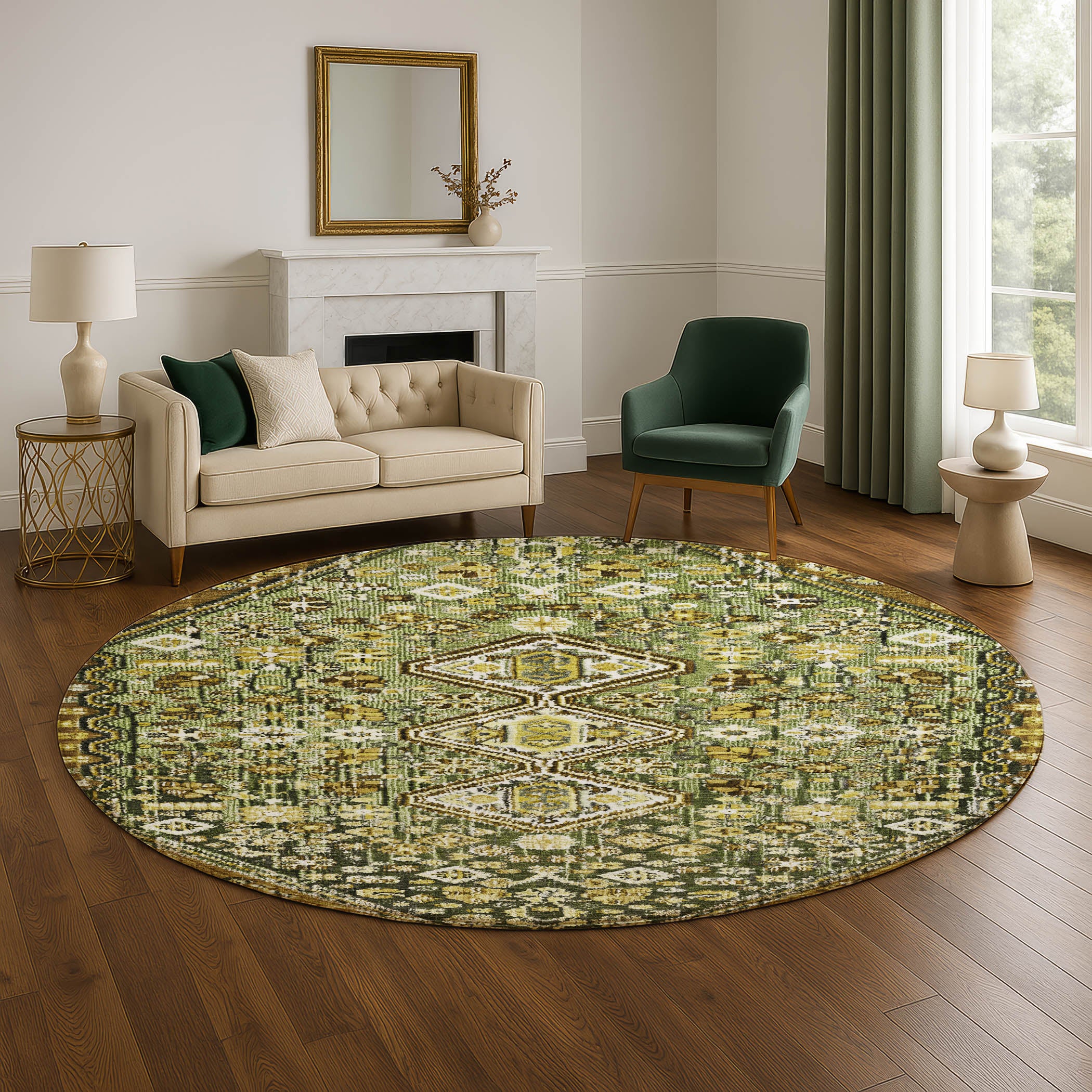 Chiang Mai Machine Washable Transitional Olive Green Rug 8' x 8' #shape_Round