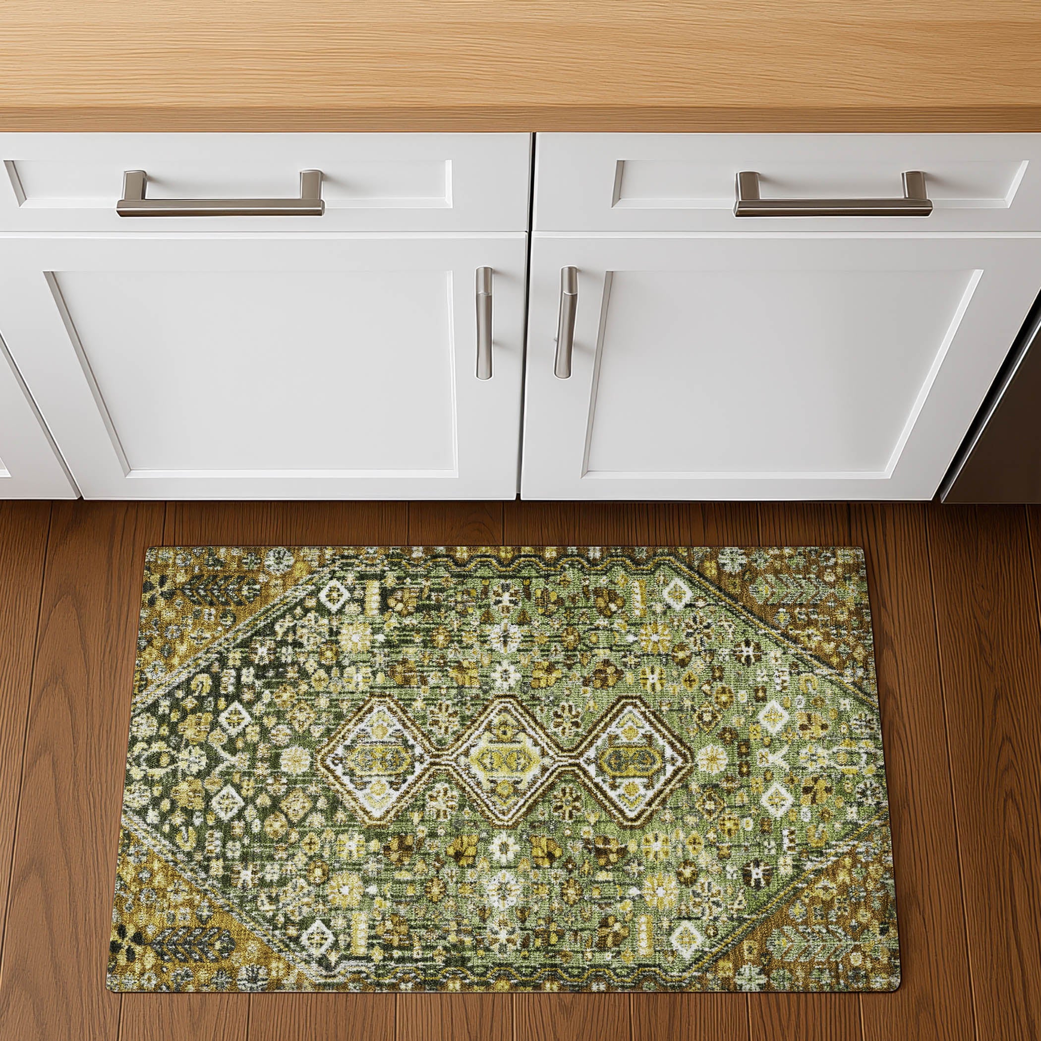 Chiang Mai Machine Washable Transitional Olive Green Rug 1'8" x 2'6" #shape_Rectangle