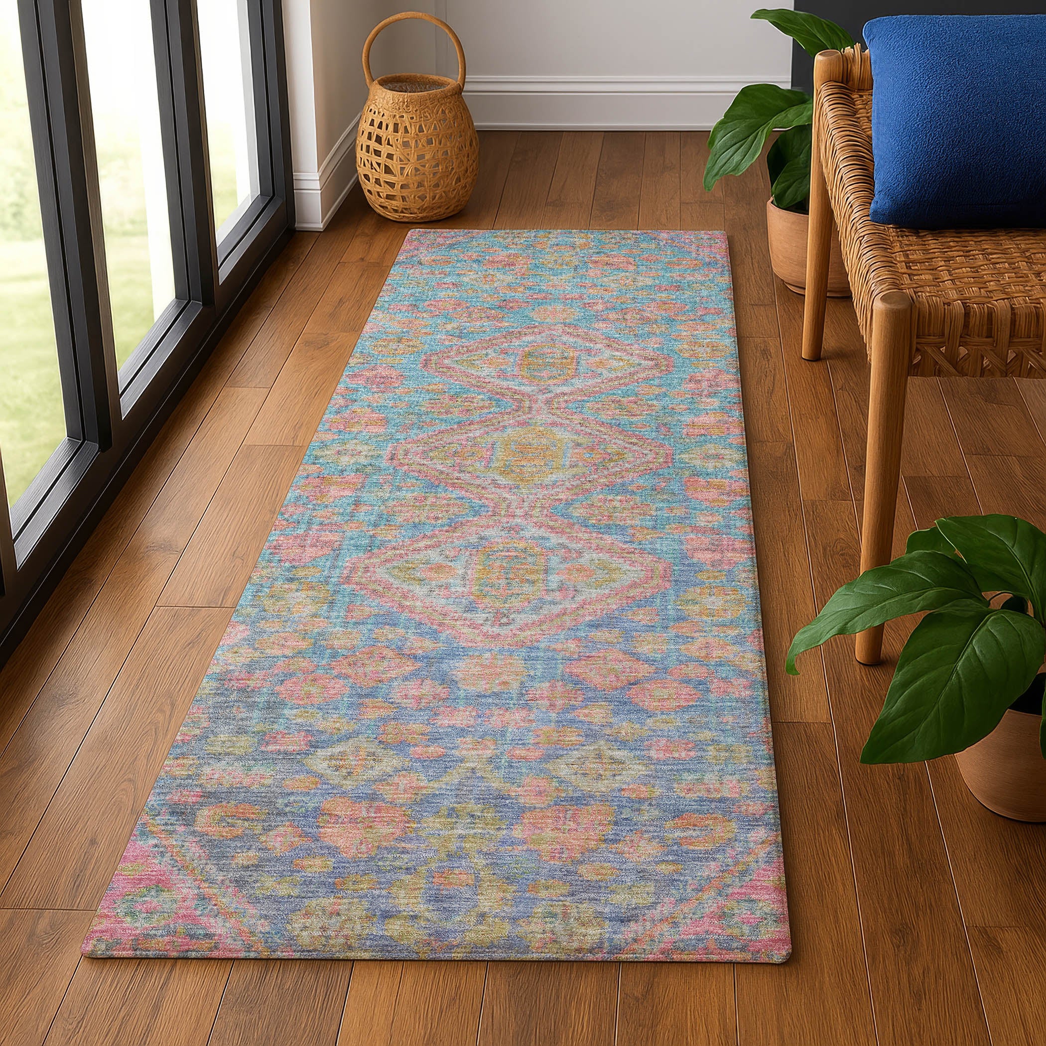 Chiang Mai Machine Washable Transitional Sky Blue Rug 2'3" x 7'6" #shape_Runner