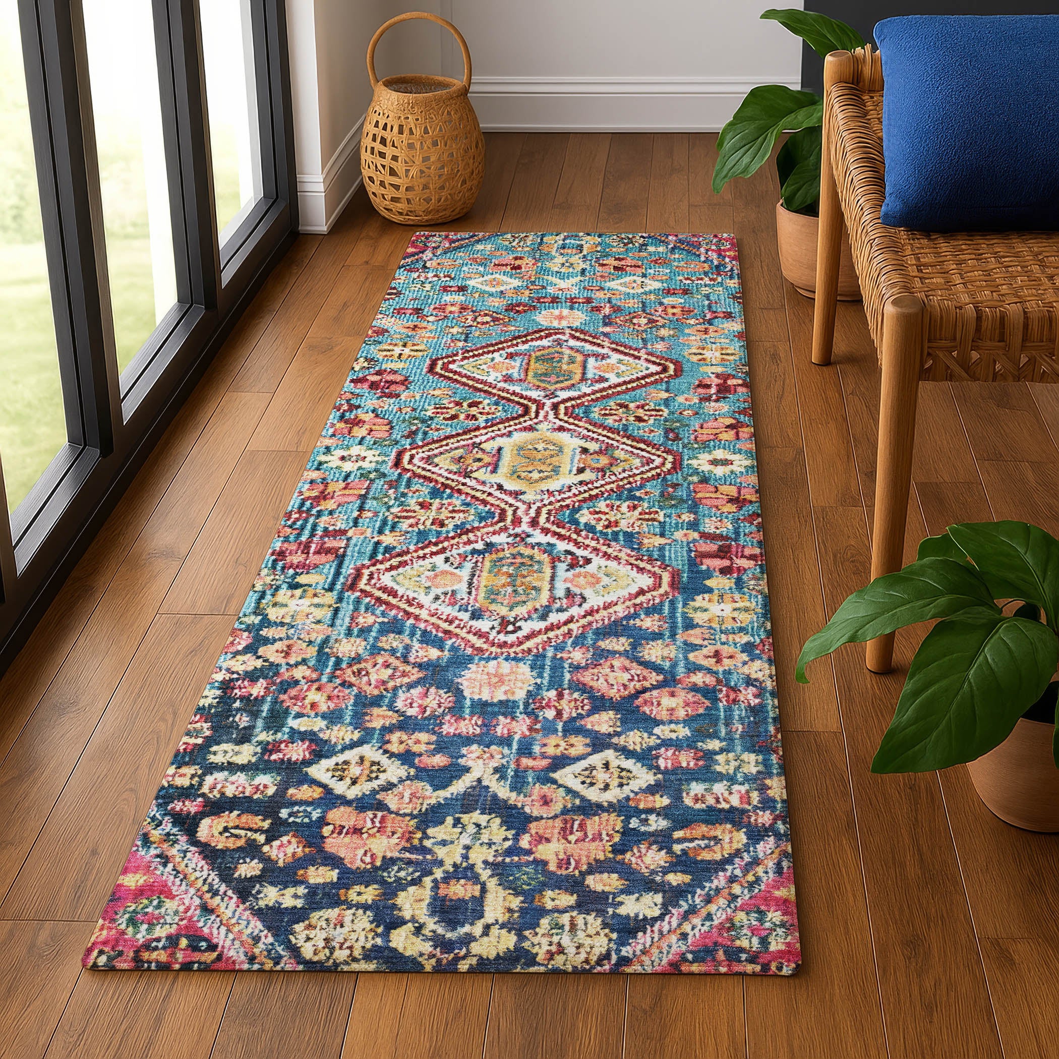 Chiang Mai Machine Washable Transitional Teal Rug 2'3" x 7'6" #shape_Runner