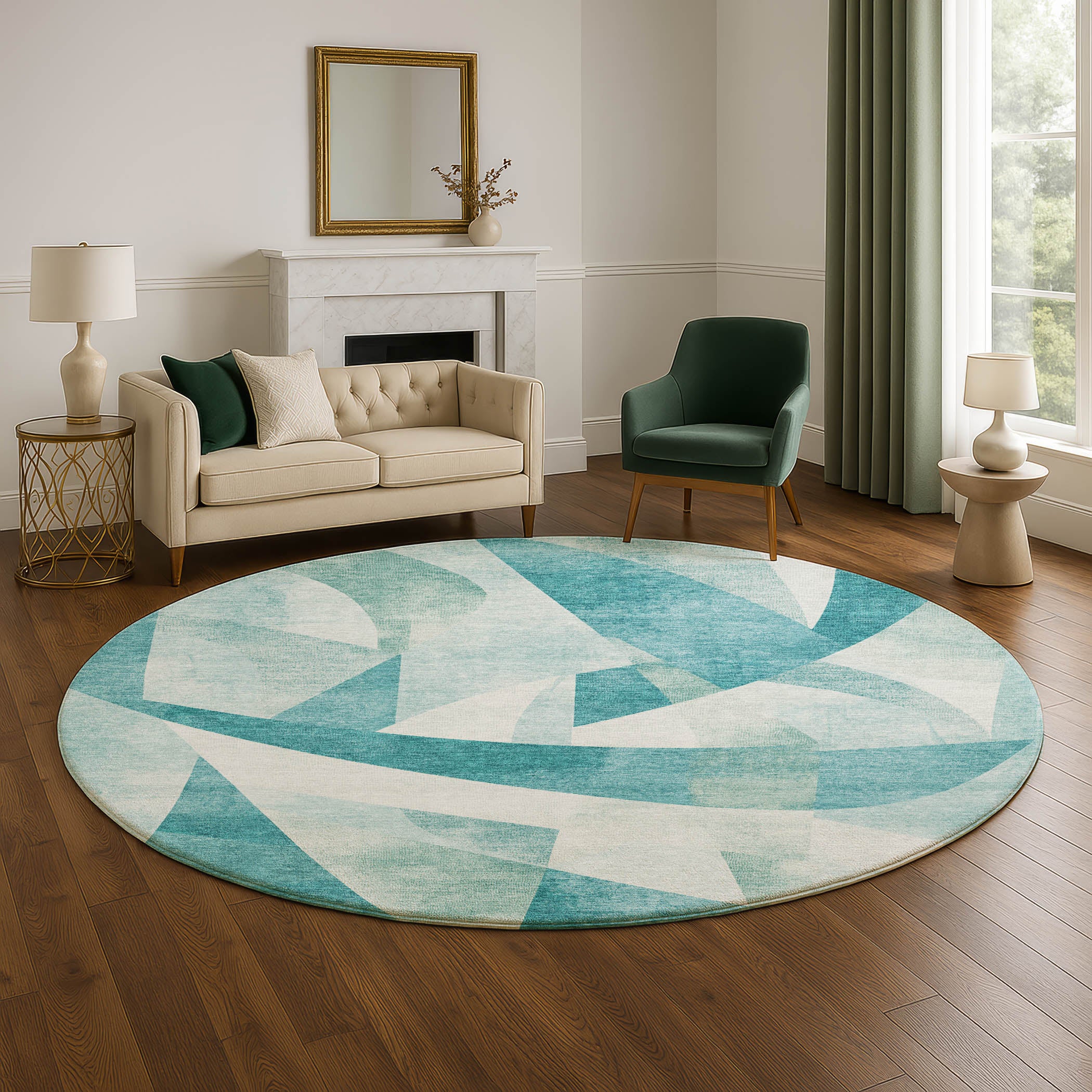 Chiang Mai Machine Washable Transitional Teal Rug 8' x 8' #shape_Round