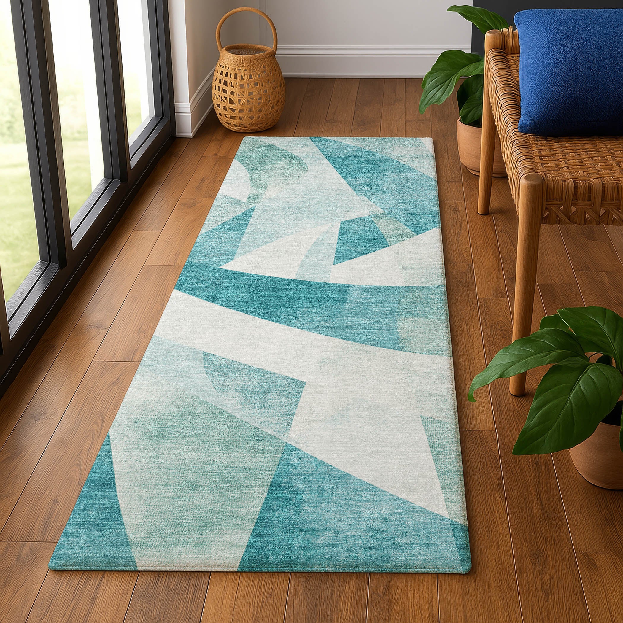 Chiang Mai Machine Washable Transitional Teal Rug 2'3" x 7'6" #shape_Runner