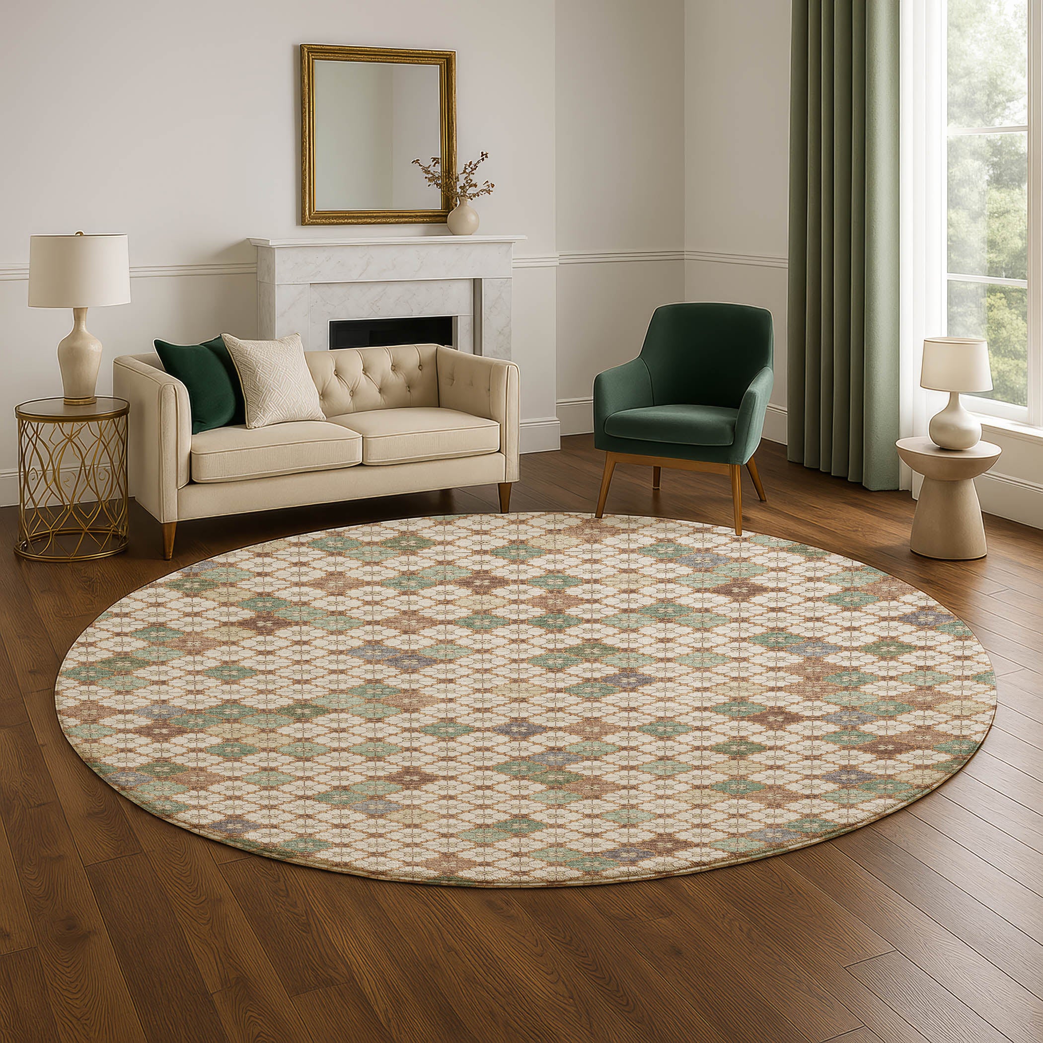 Antigua Machine Washable Transitional Beige Brown Rug 8' x 8' #shape_Round