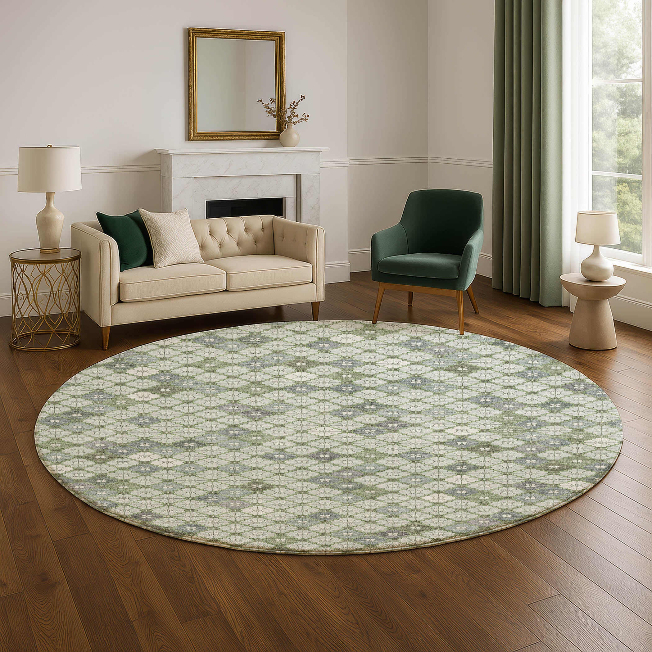 Antigua Machine Washable Transitional Mint Green Rug 8' x 8' #shape_Round