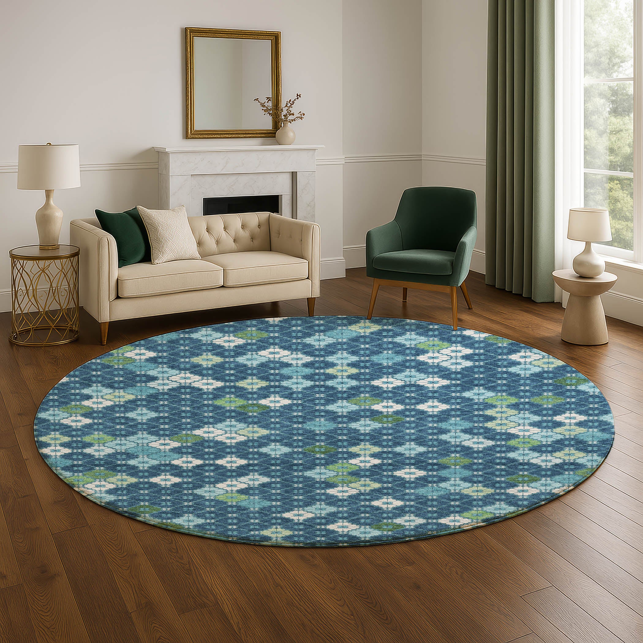 Antigua Machine Washable Transitional Navy Blue Rug 8' x 8' #shape_Round