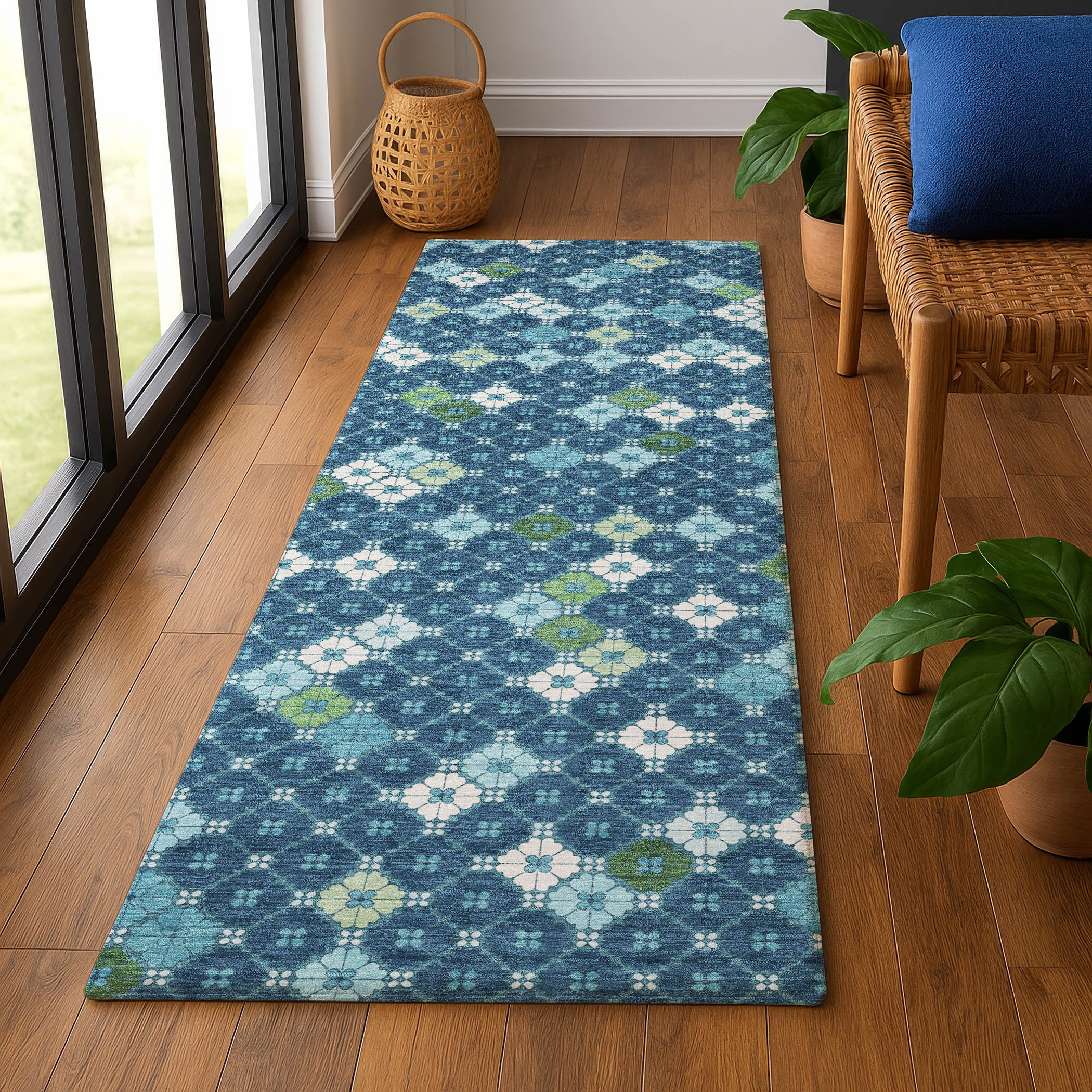 Antigua Machine Washable Transitional Navy Blue Rug 2'3" x 7'6" #shape_Runner