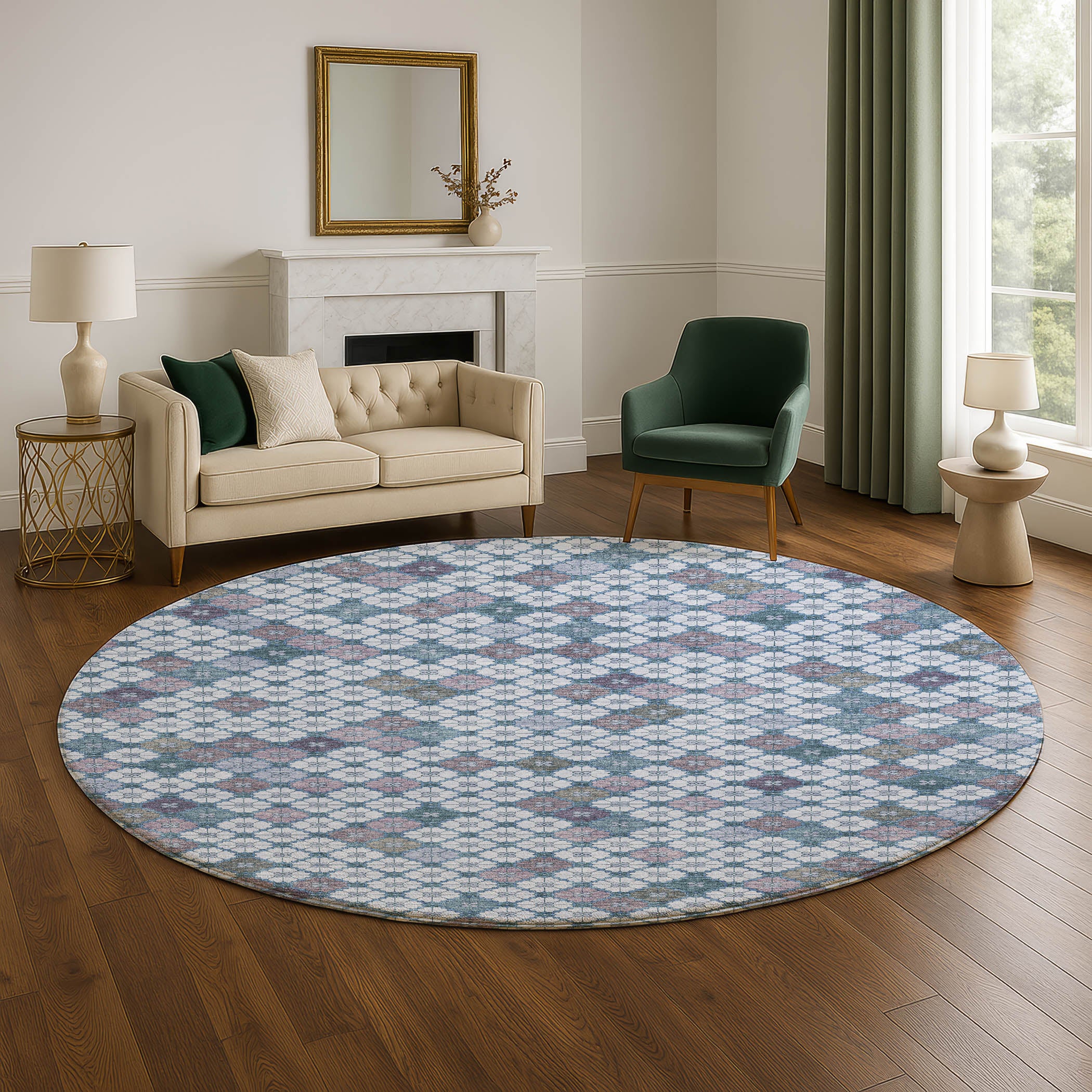 Antigua Machine Washable Transitional Sky Blue Rug 8' x 8' #shape_Round