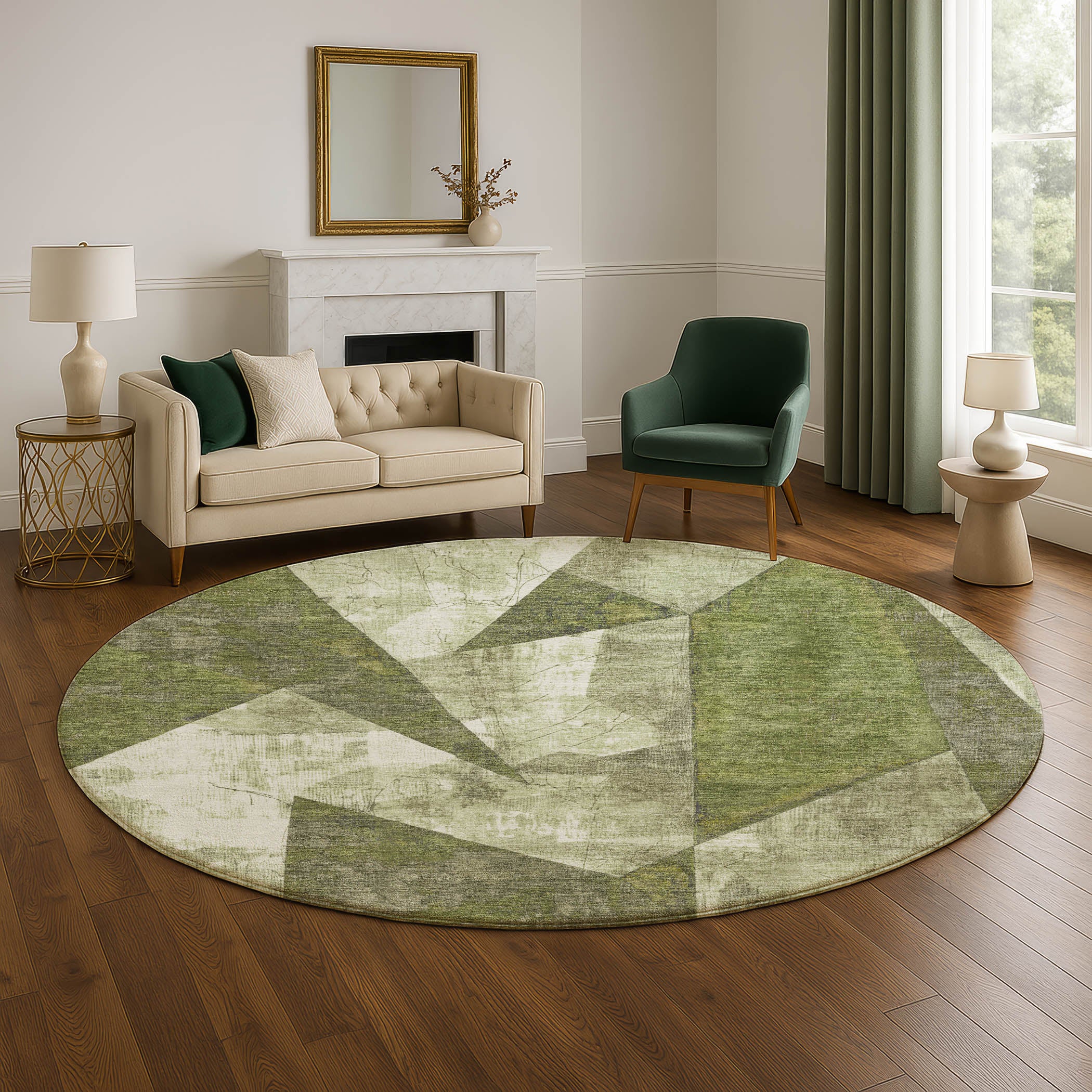 Bergen Machine Washable Transitional Green Rug 8' x 8' #shape_Round