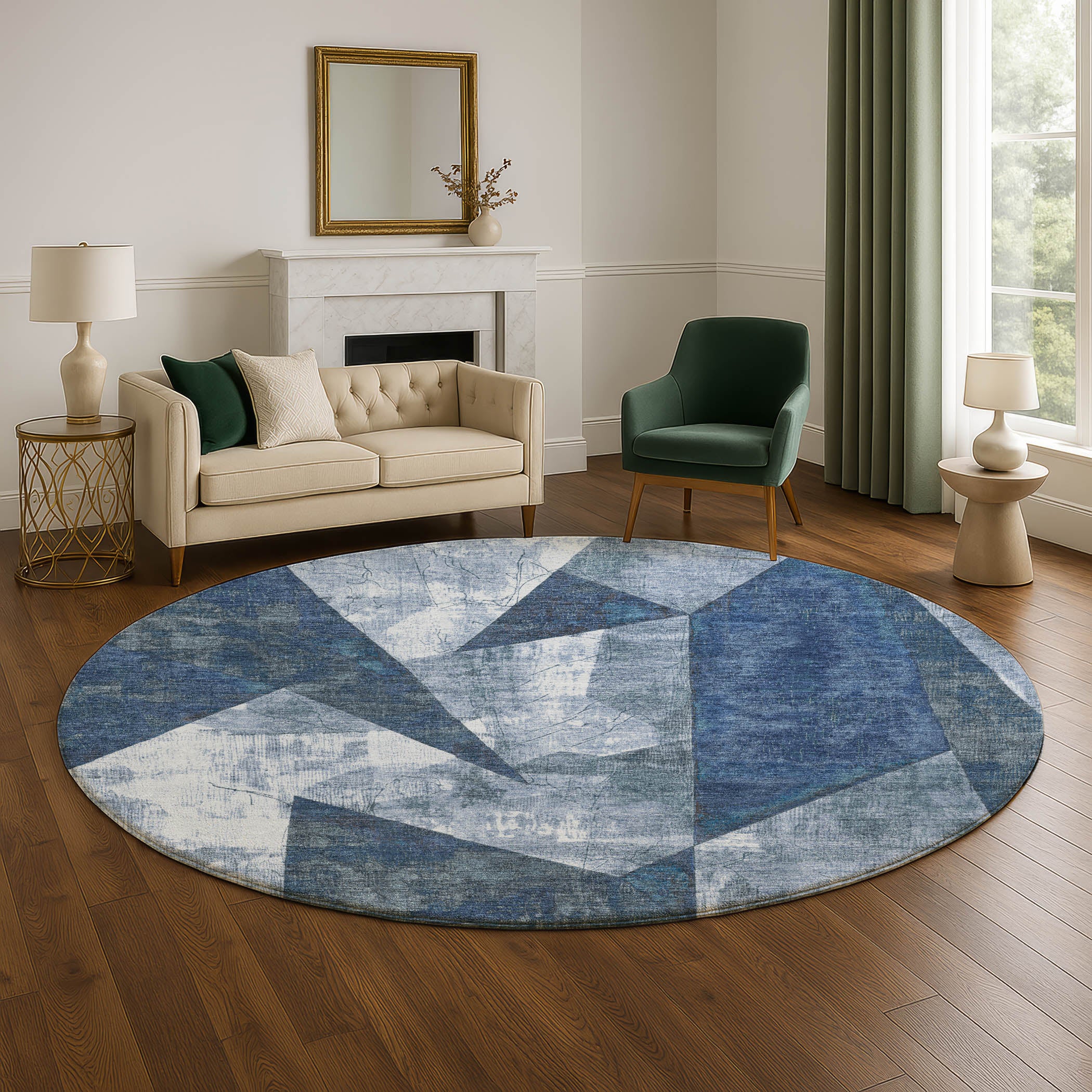 Bergen Machine Washable Transitional Navy Blue Rug 8' x 8' #shape_Round