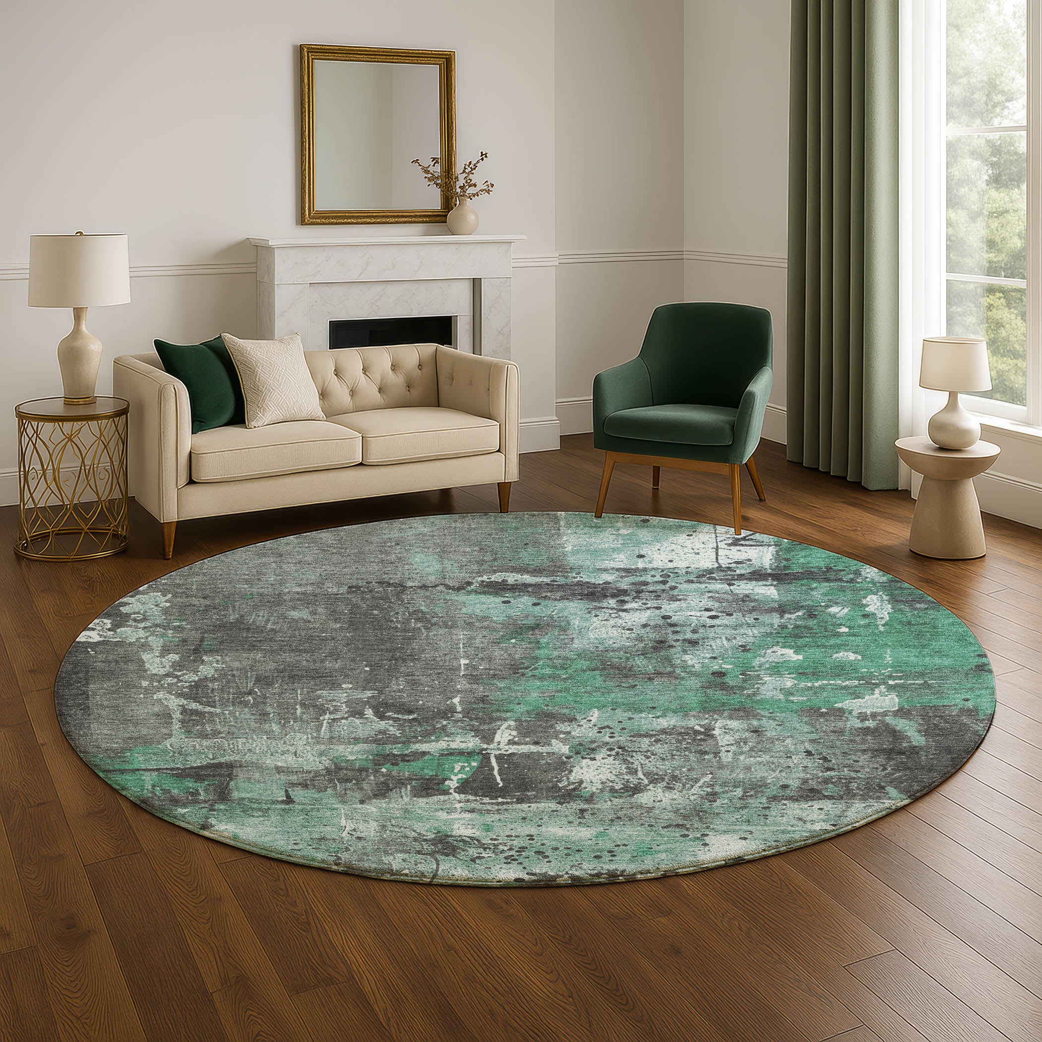 Tbilisi Machine Washable Transitional Green Rug 8' x 8' #shape_Round