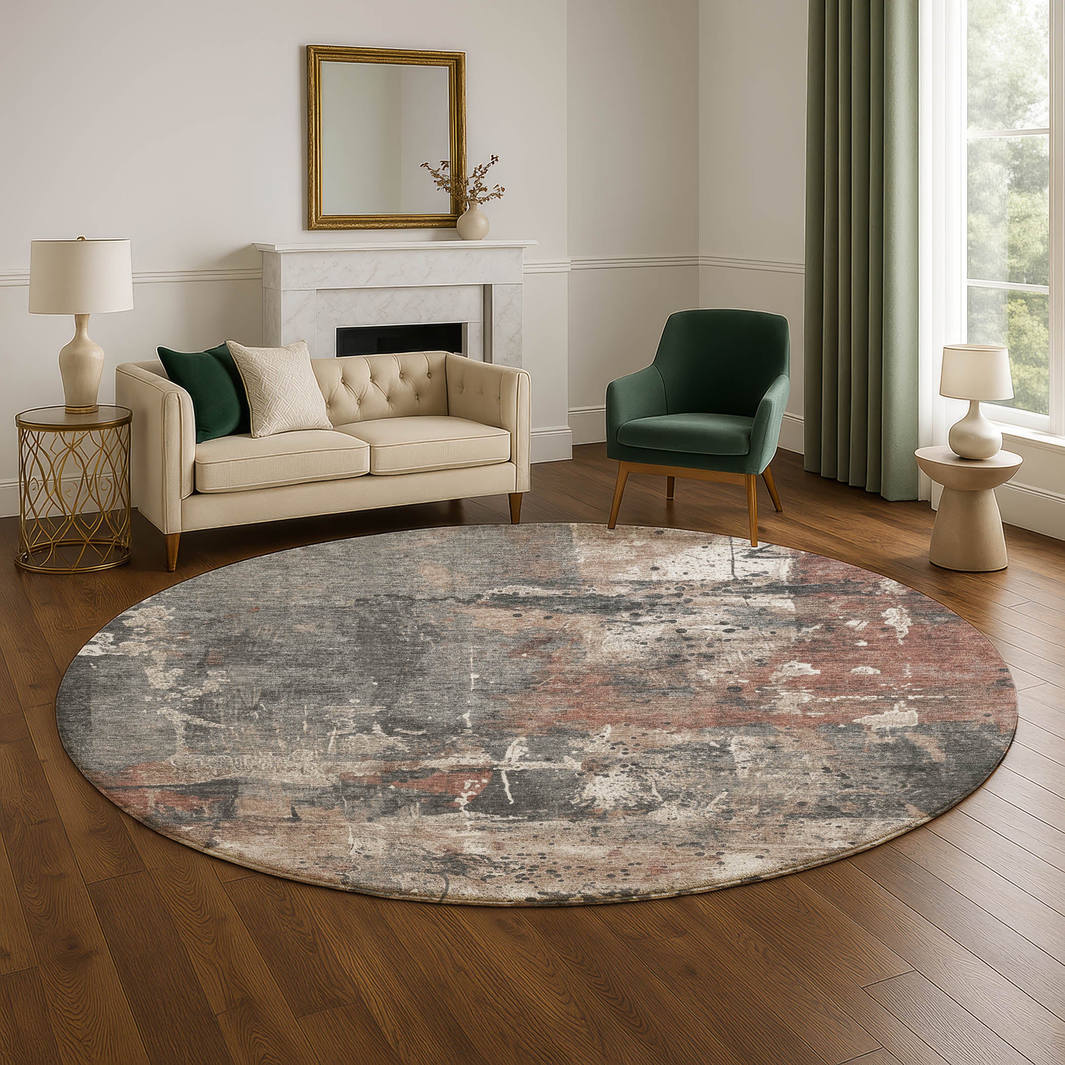 Tbilisi Machine Washable Transitional Paprika Orange Rug 8' x 8' #shape_Round